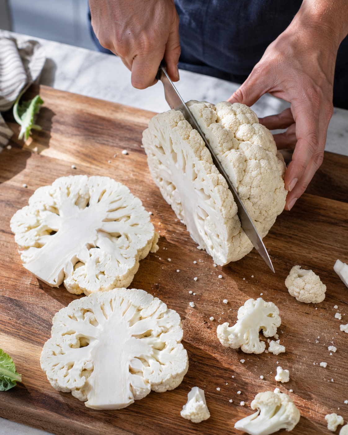 Cauliflower head sliced into thick 1-inch steaks with the core kept intact