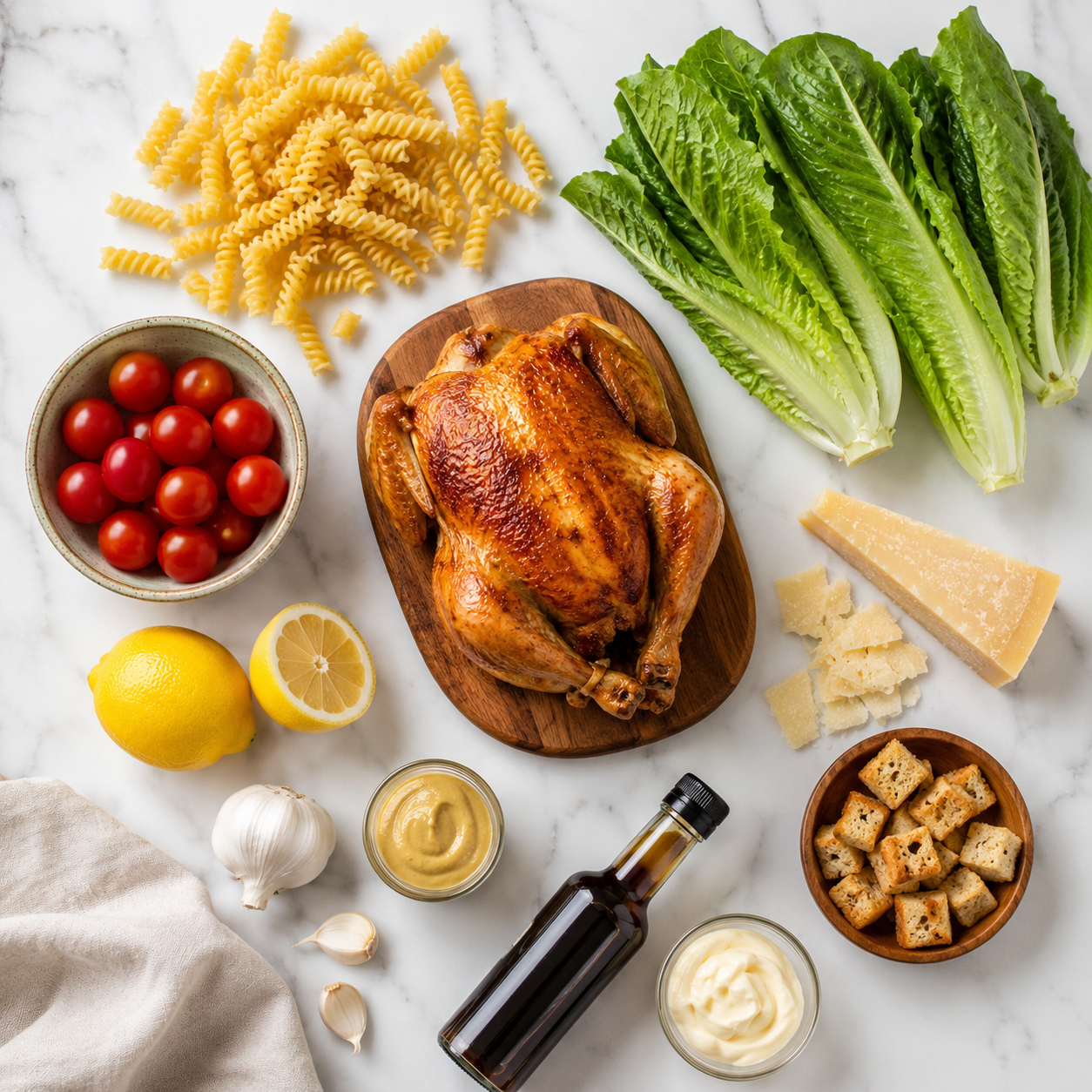 Ingredients for creamy Caesar dressing laid out — mayo, lemon, garlic, Dijon, Worcestershire and parmesan