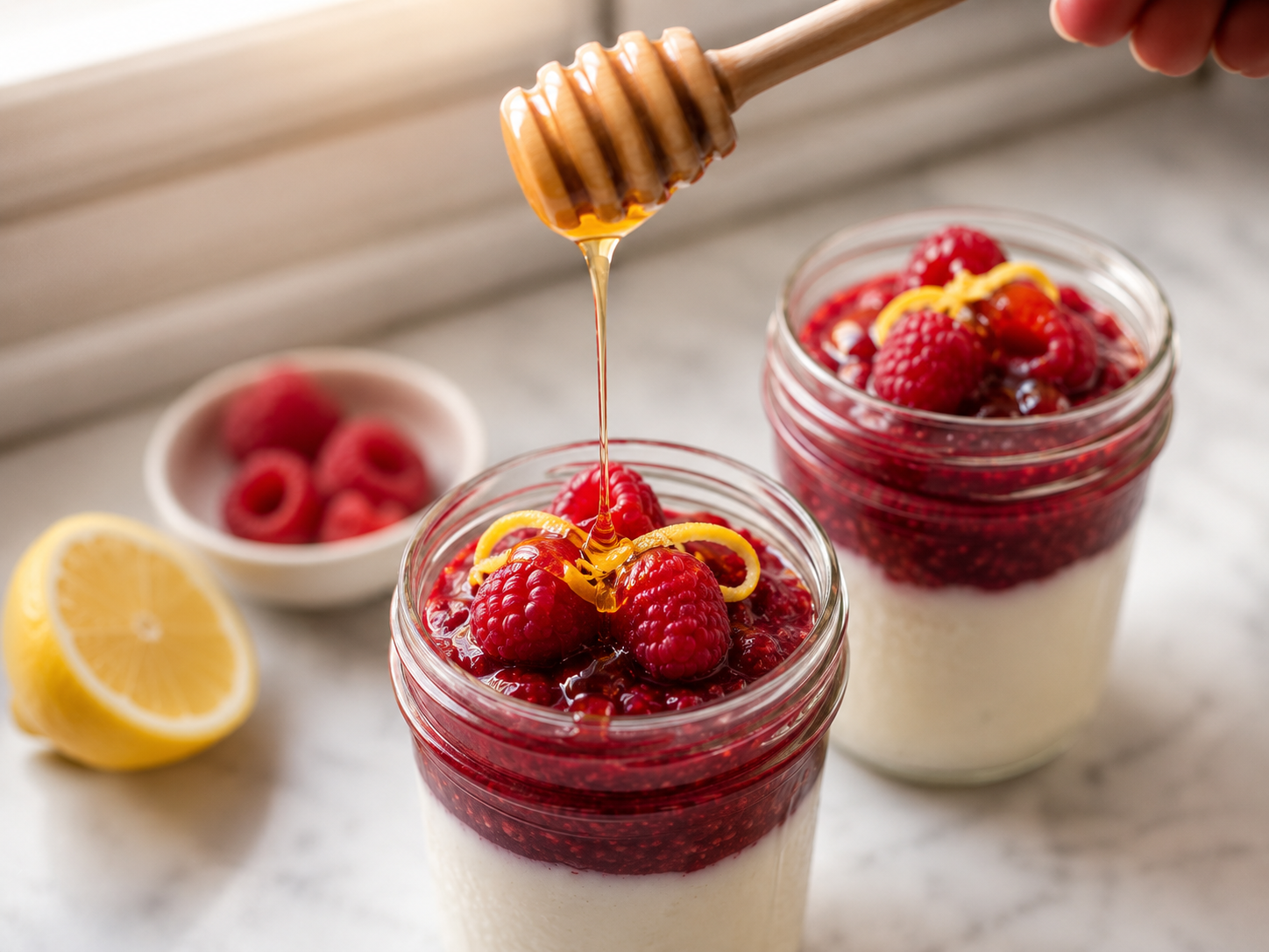 Cheesecake jars topped with fresh raspberries, lemon zest and honey — ready to chill overnight