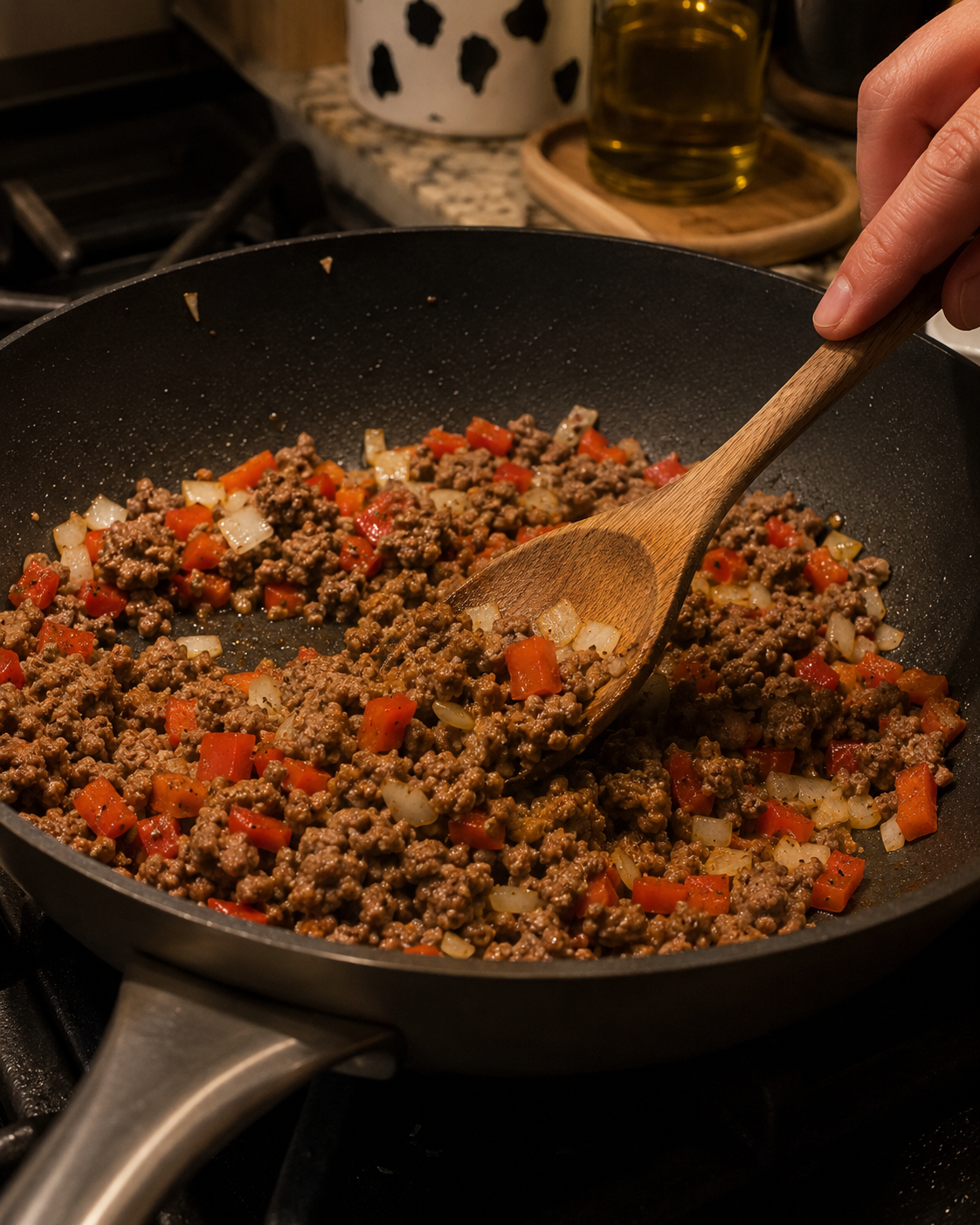 Ground beef cooking with diced onion and bell pepper in a skillet — seasoned with cumin, garlic and paprika