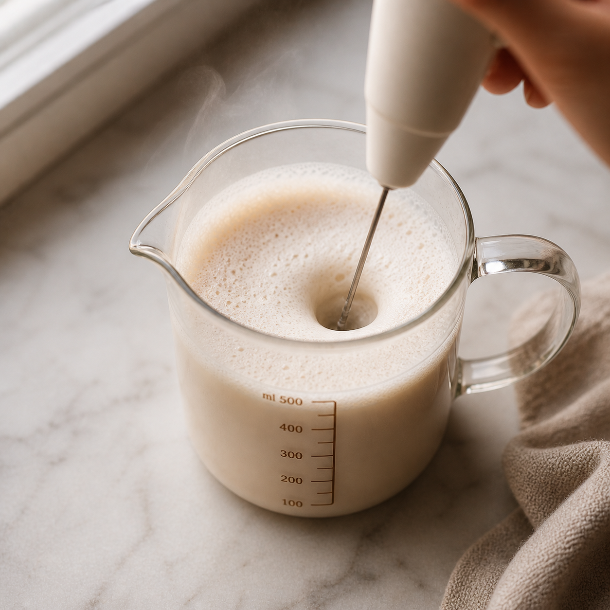 Frothing warm oat milk with a handheld electric frother — creating a thick creamy foam