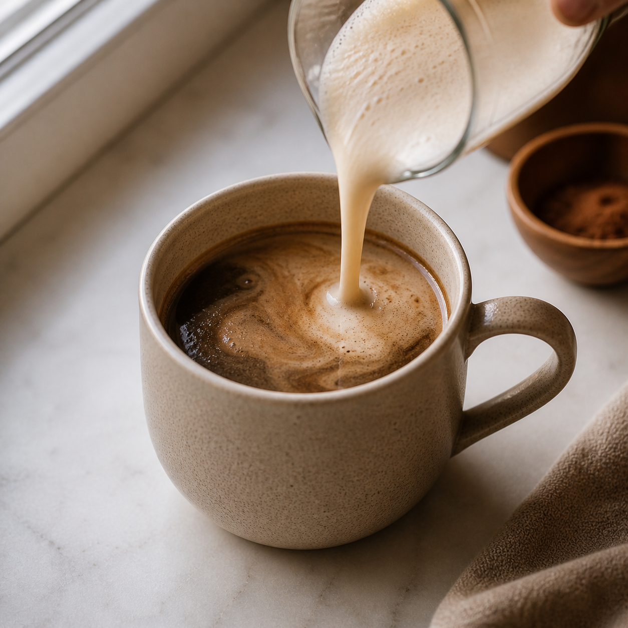 Frothed oat milk being slowly poured over the hojicha paste in a wide ceramic mug