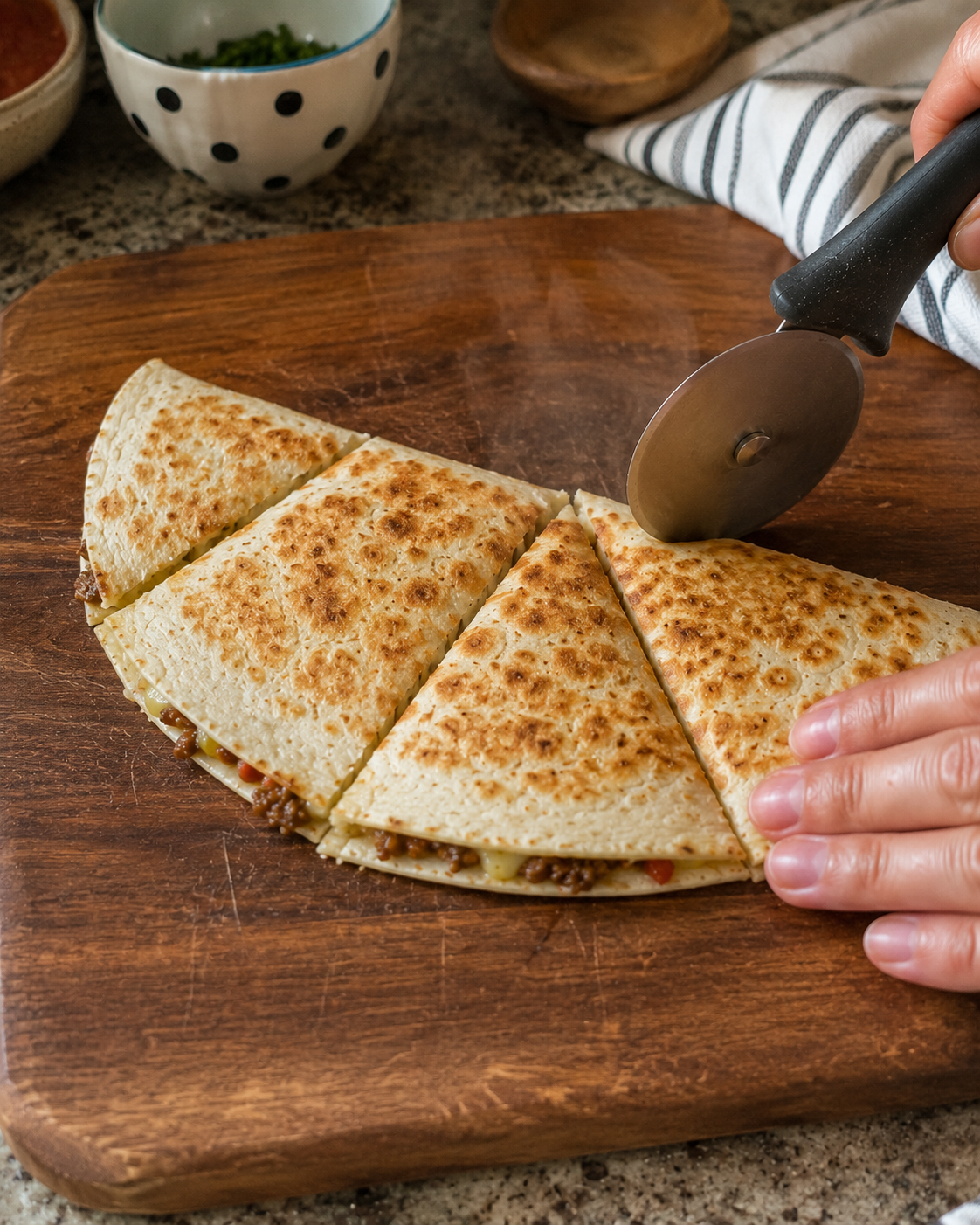 Beef quesadilla rested and sliced into triangles — ready to serve with sour cream and salsa