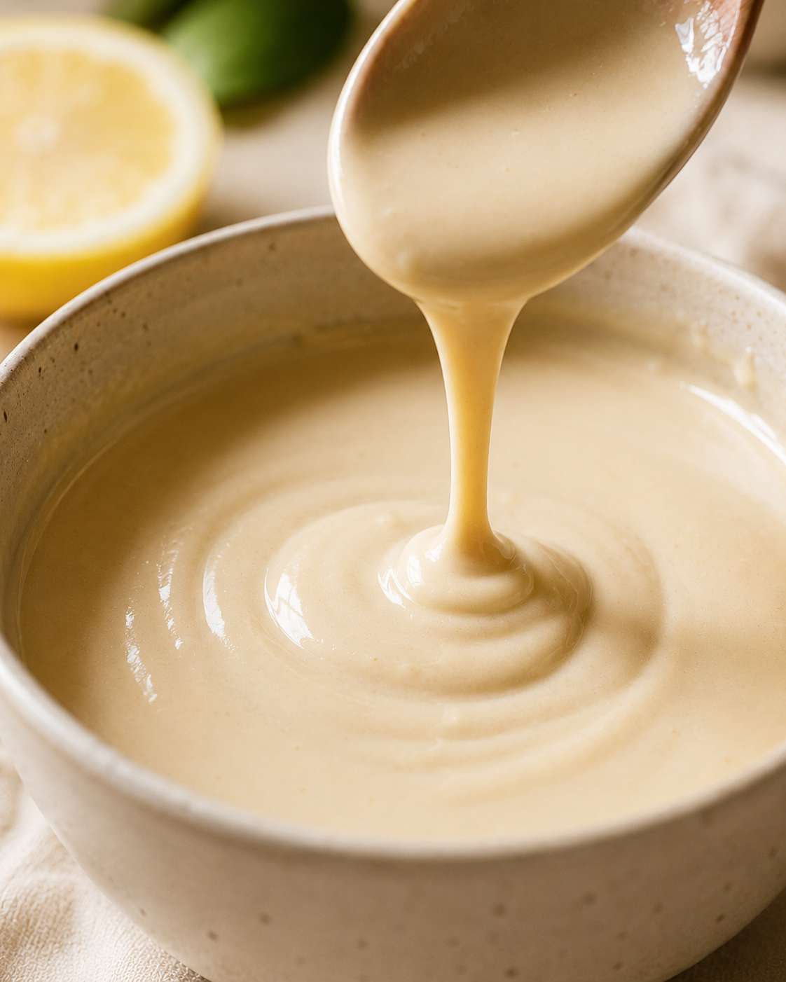 Tasting the tahini dressing and adjusting seasoning — lemon, salt and maple syrup to balance