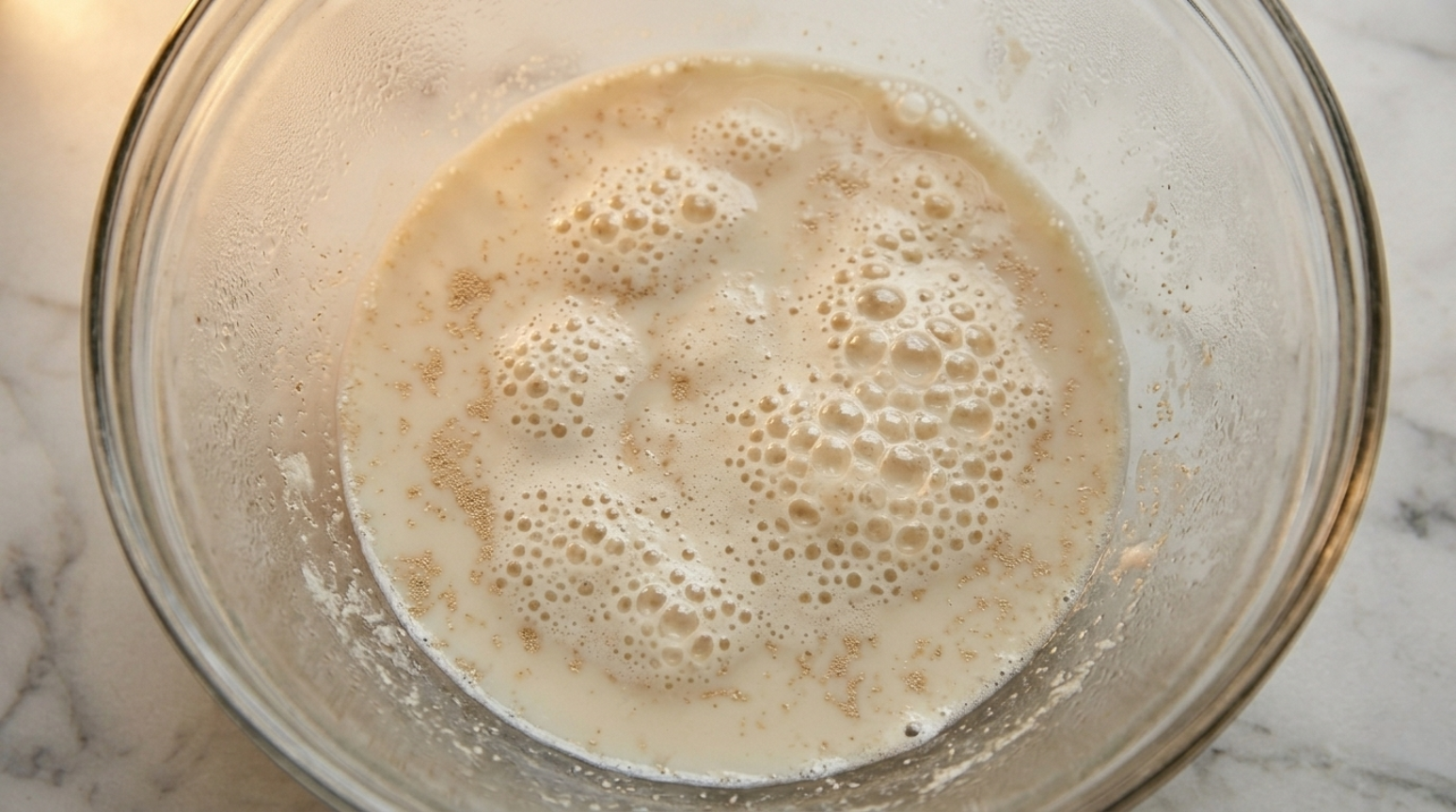 Yeast proofing in warm milk and water mixture — foamy and active after 10 minutes