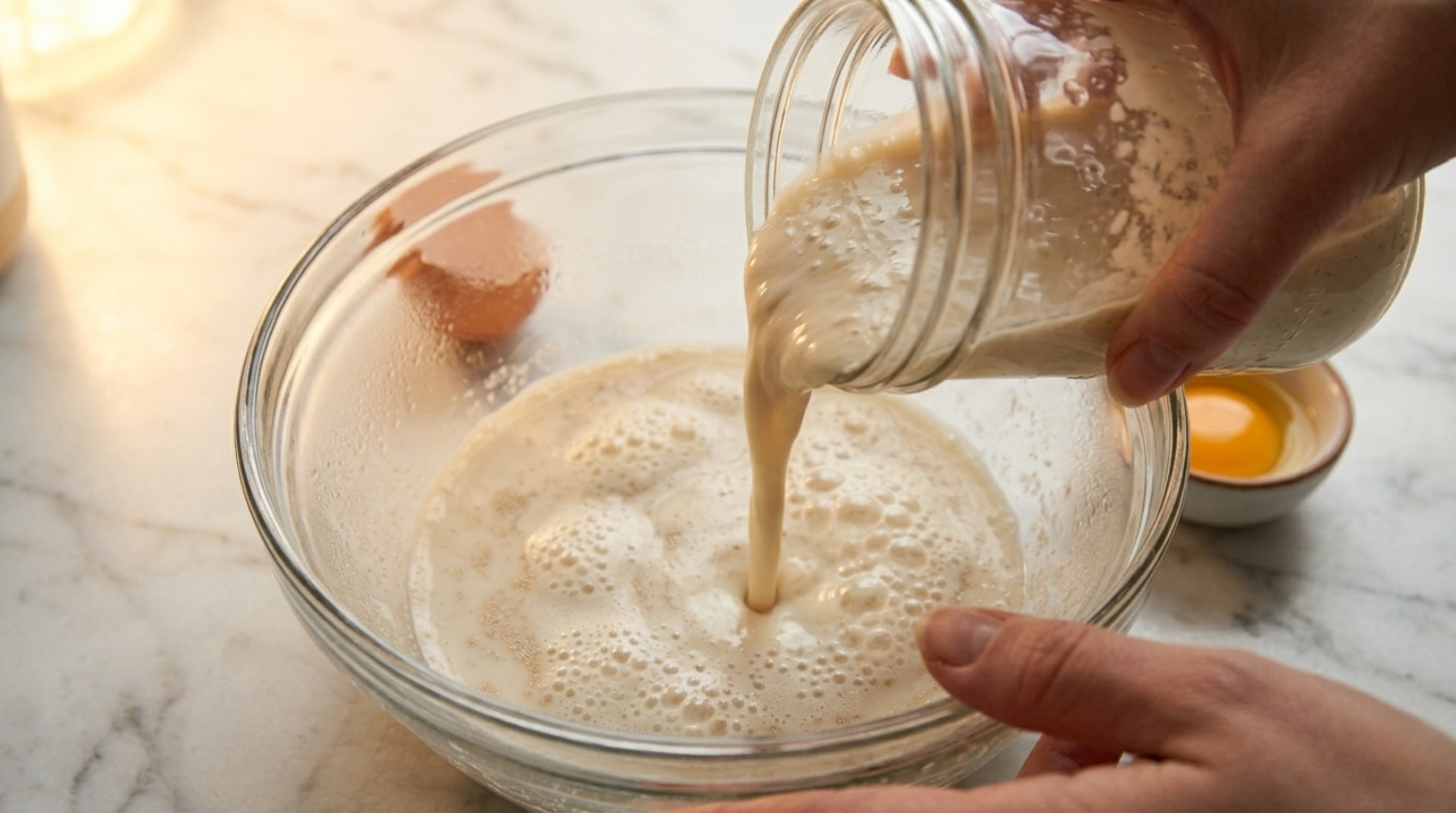 Sourdough discard and egg being stirred into the foamy yeast mixture in a large bowl
