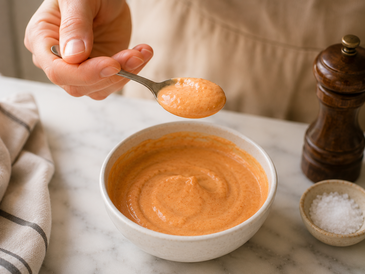 Seasoning the sauce with sugar, salt and pepper — tasting and adjusting to balance