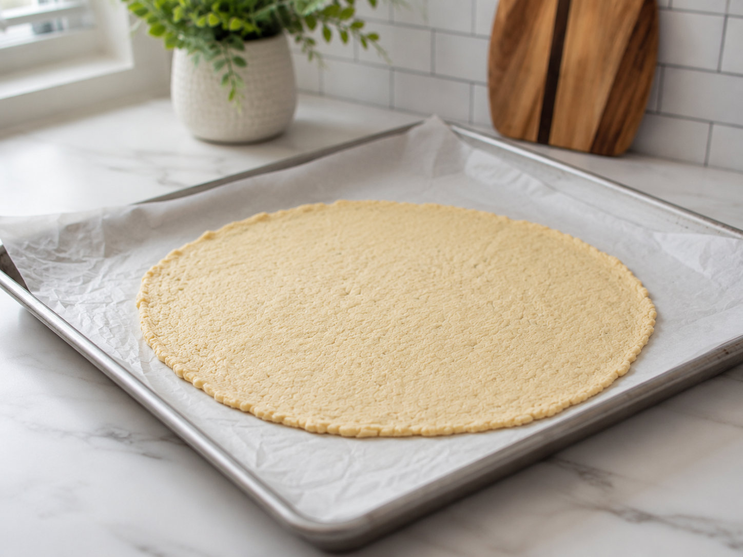 Cauliflower dough pressed into a round shape on parchment-lined baking sheet — ready to pre-bake
