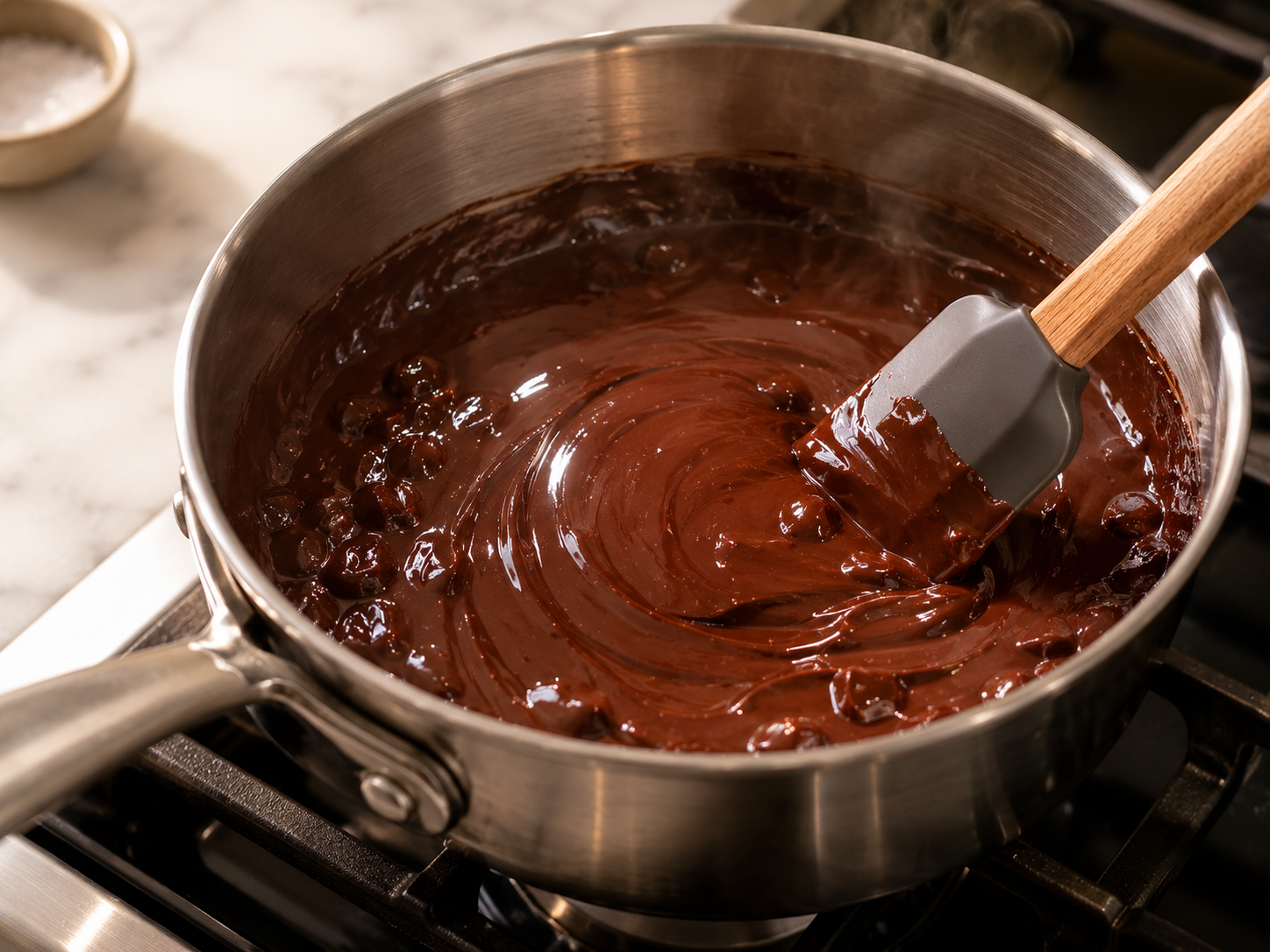 Chocolate chips and condensed milk melting together in a saucepan over low heat — stirred smooth and glossy