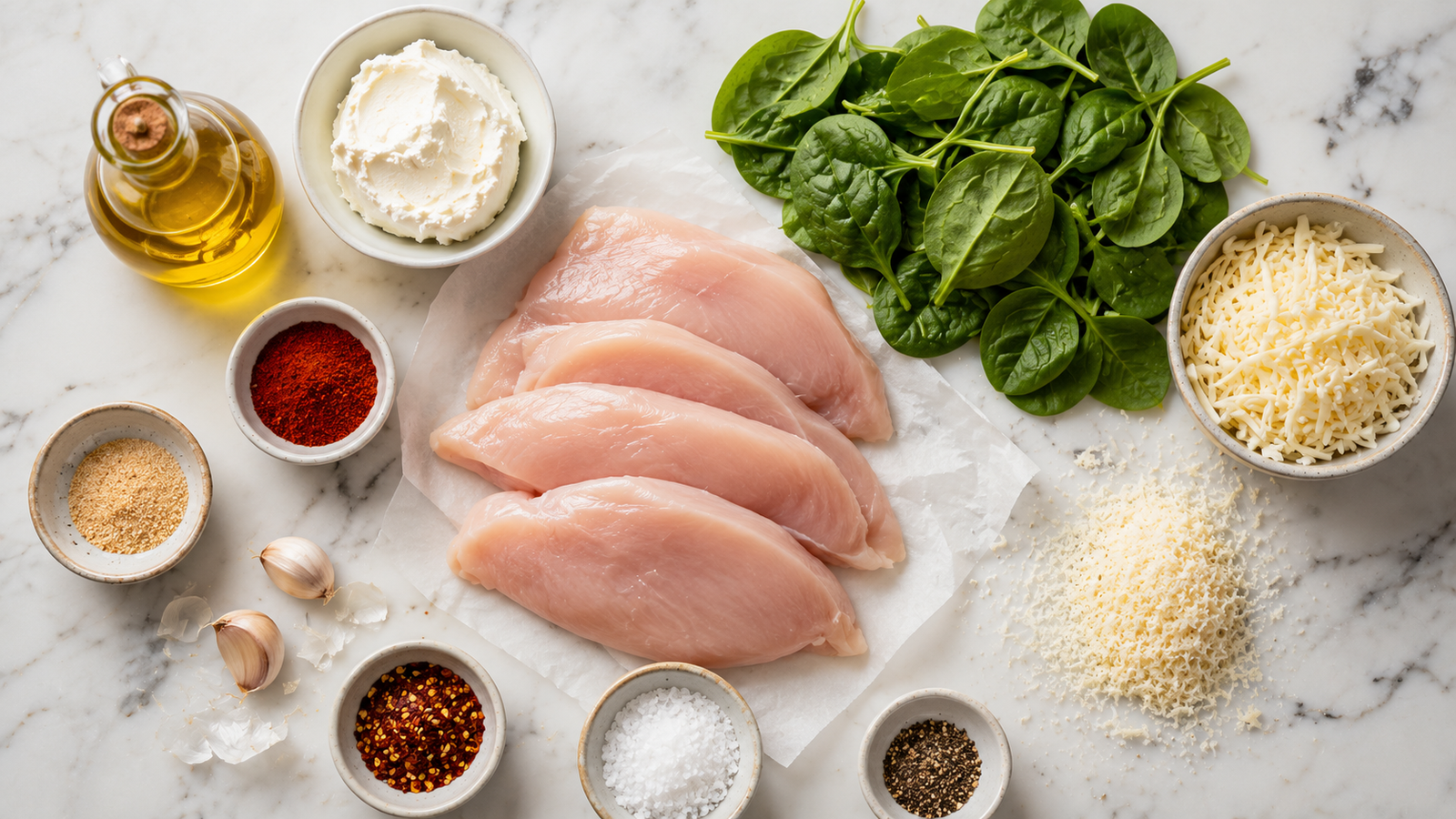 All stuffed chicken ingredients laid out: chicken breasts, cream cheese, spinach, mozzarella, parmesan and spices