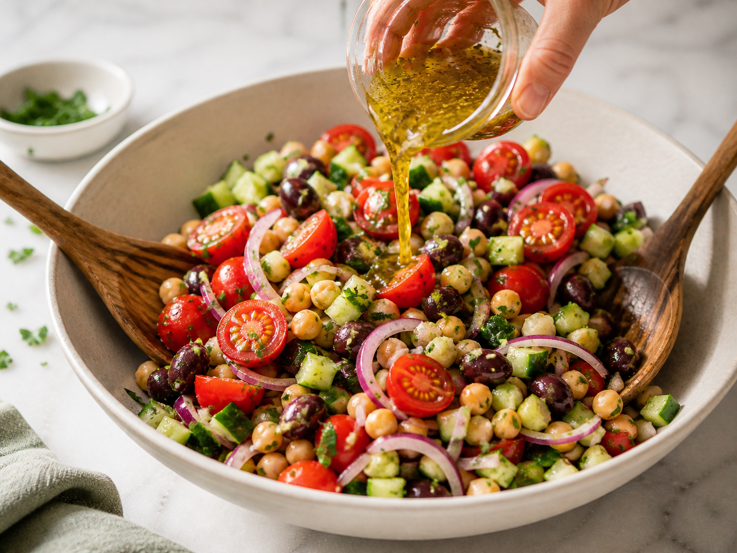 All salad ingredients combined in a large bowl with the lemon dressing poured over and tossed to coat