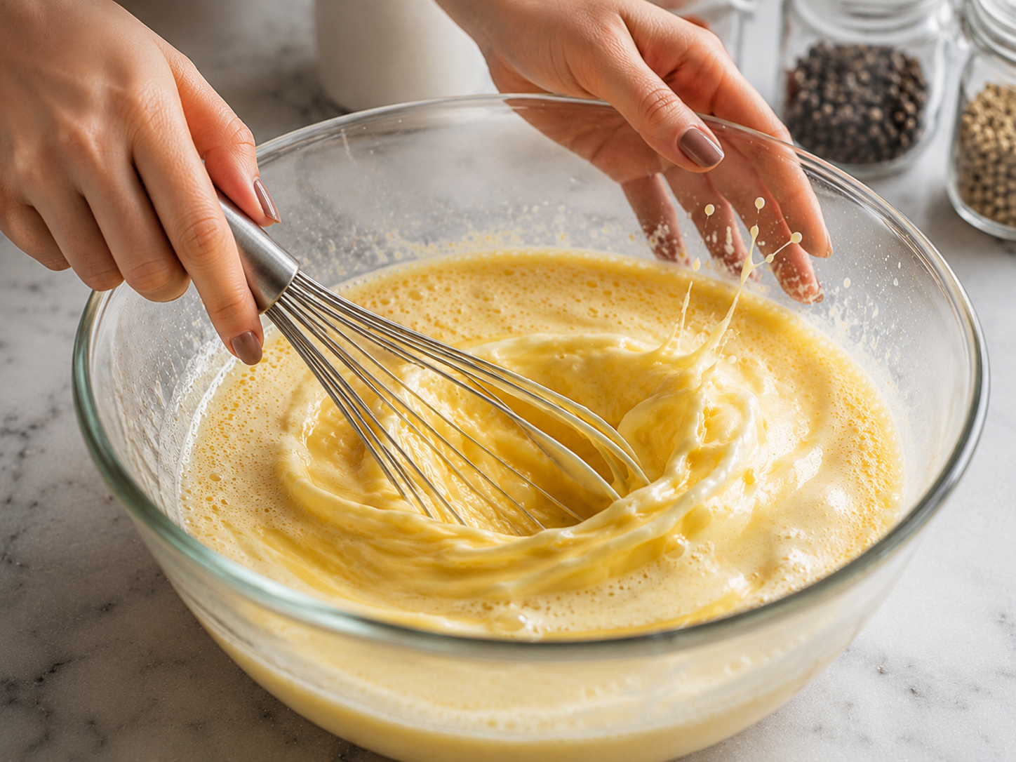 Eggs, milk, cream and seasonings whisked together in a large bowl into a smooth custard