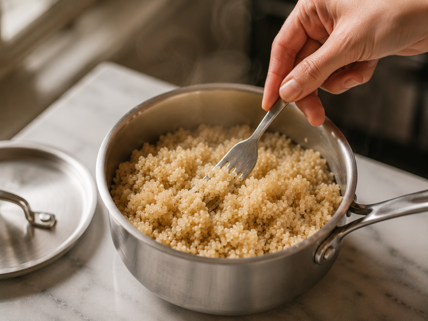 Fluffy quinoa cooked in vegetable broth, fluffed with a fork — light and perfectly cooked