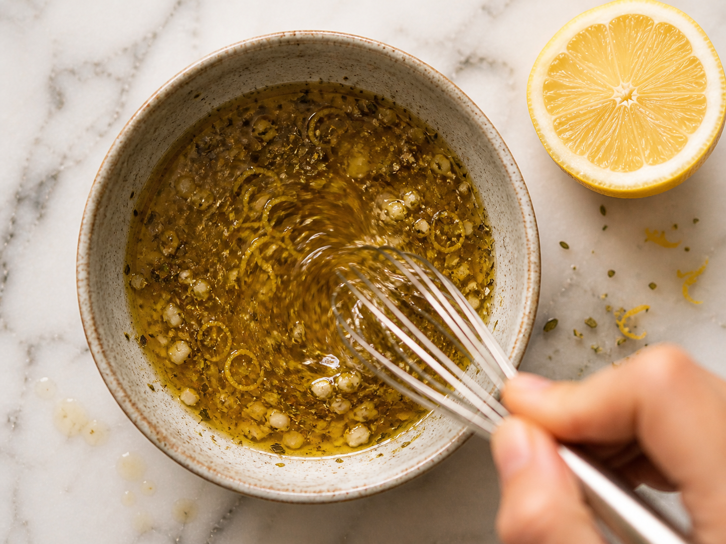 Lemon dressing whisked together in a small jar — olive oil, lemon juice, zest, garlic and oregano