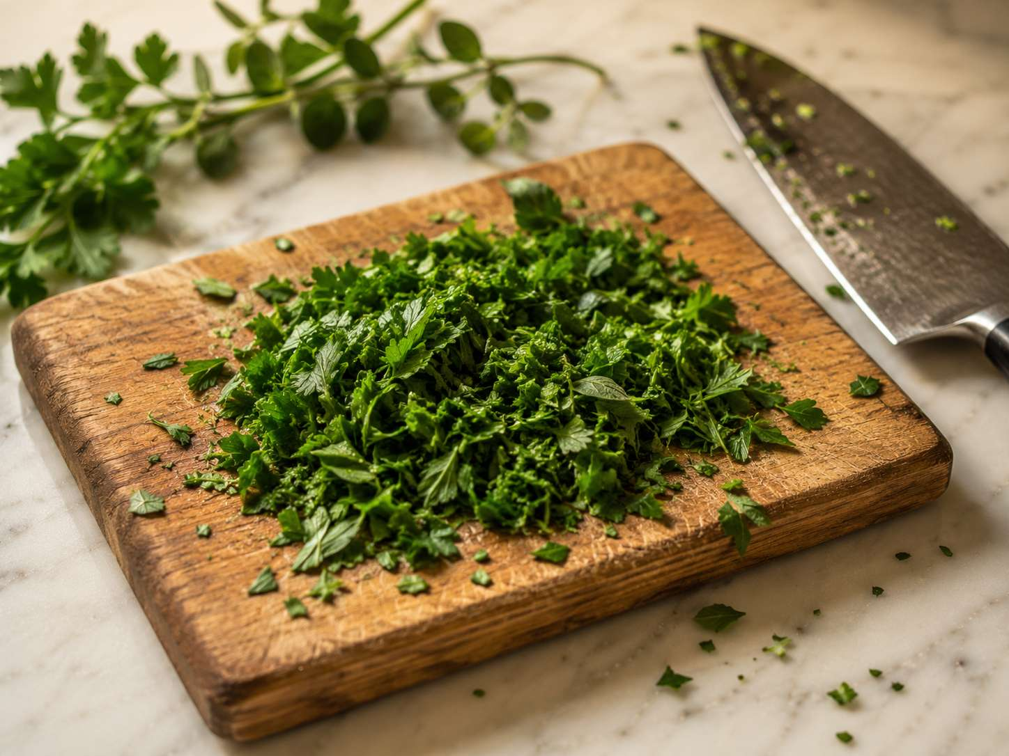 Fresh flat-leaf parsley and oregano finely chopped by hand on a cutting board