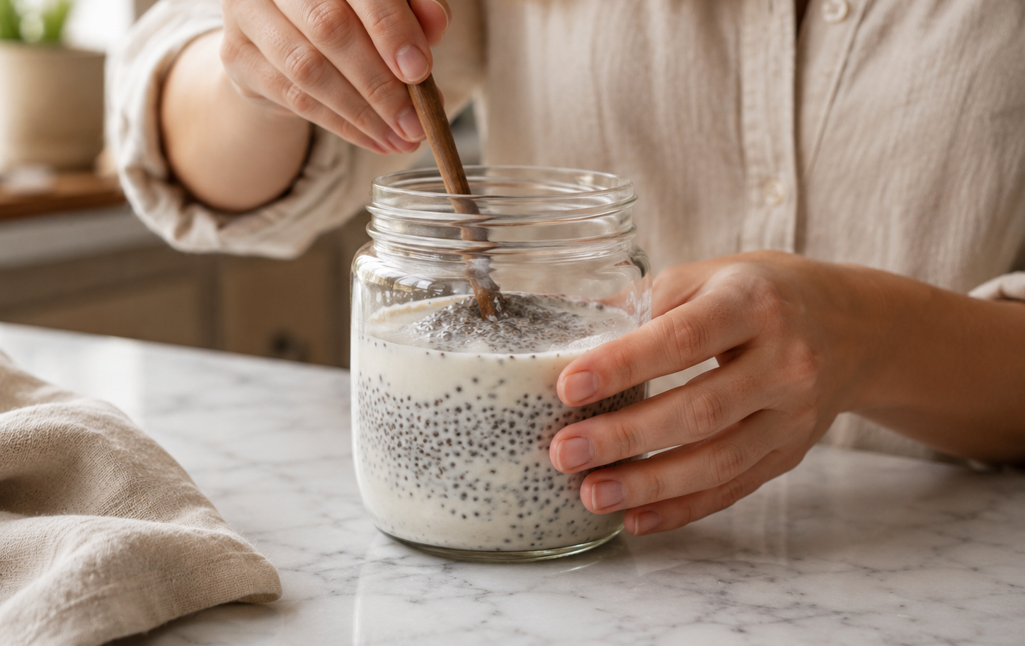 Chia seeds, milk, vanilla and maple syrup being stirred together in a glass jar