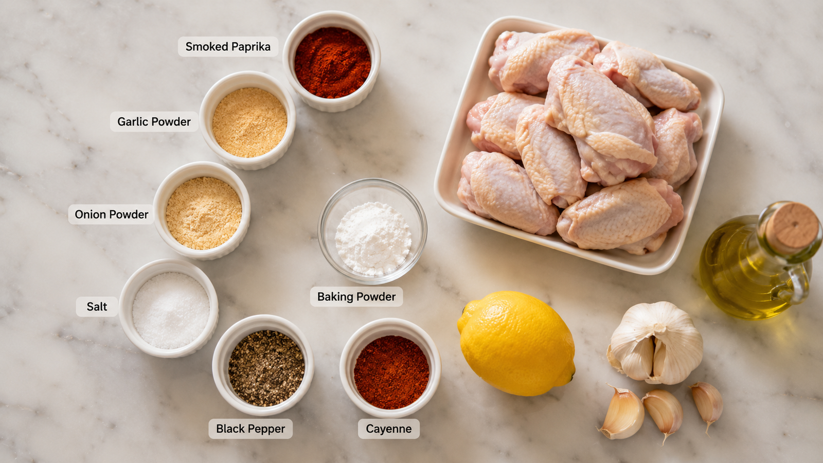 All air fryer chicken wing ingredients laid out: wings, baking powder, spices and oil
