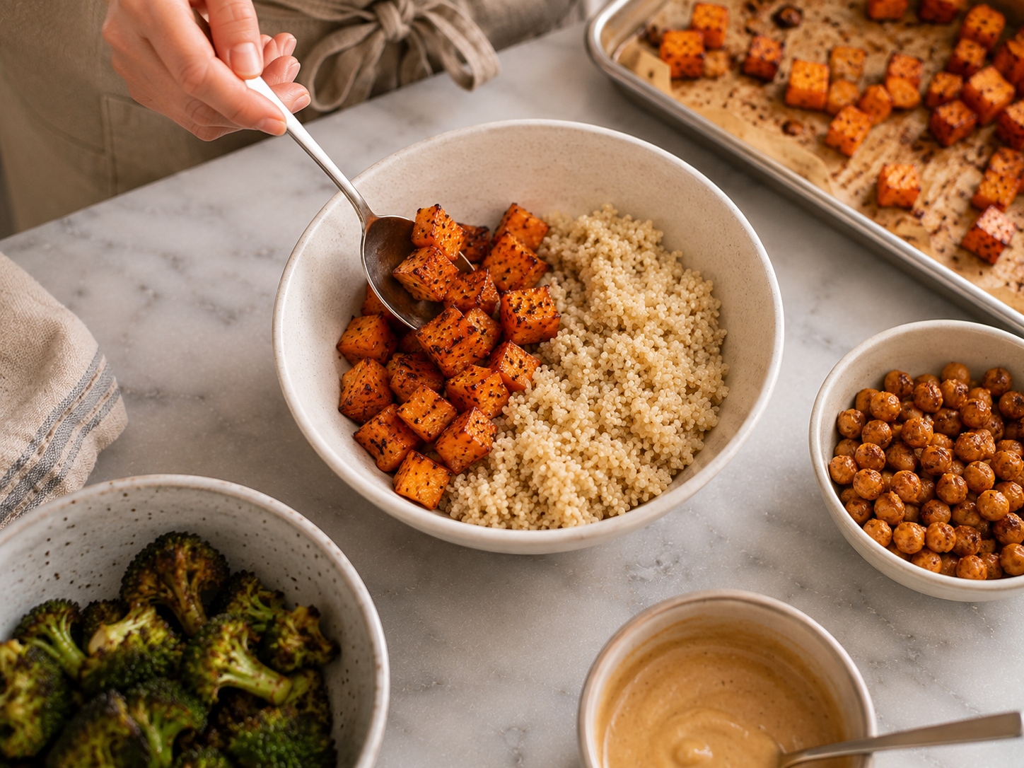 Buddha bowl being assembled — quinoa base topped with roasted veggies, chickpeas, greens and avocado