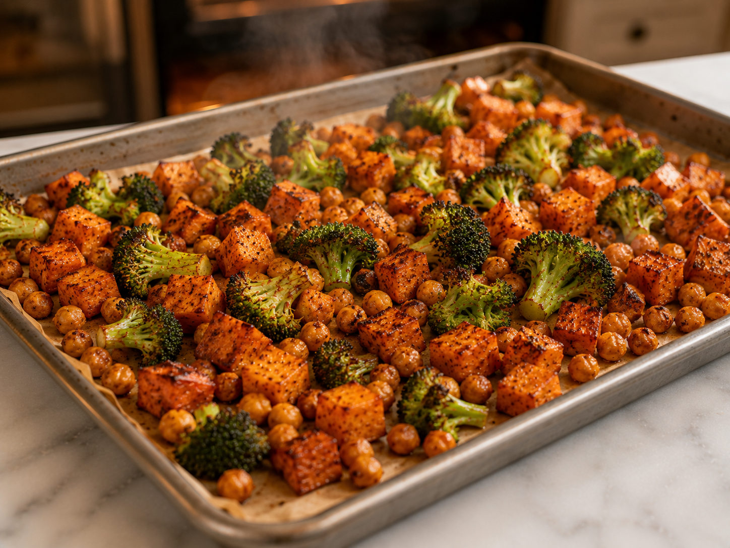 Roasted sweet potatoes with caramelized edges and golden crispy chickpeas out of the oven