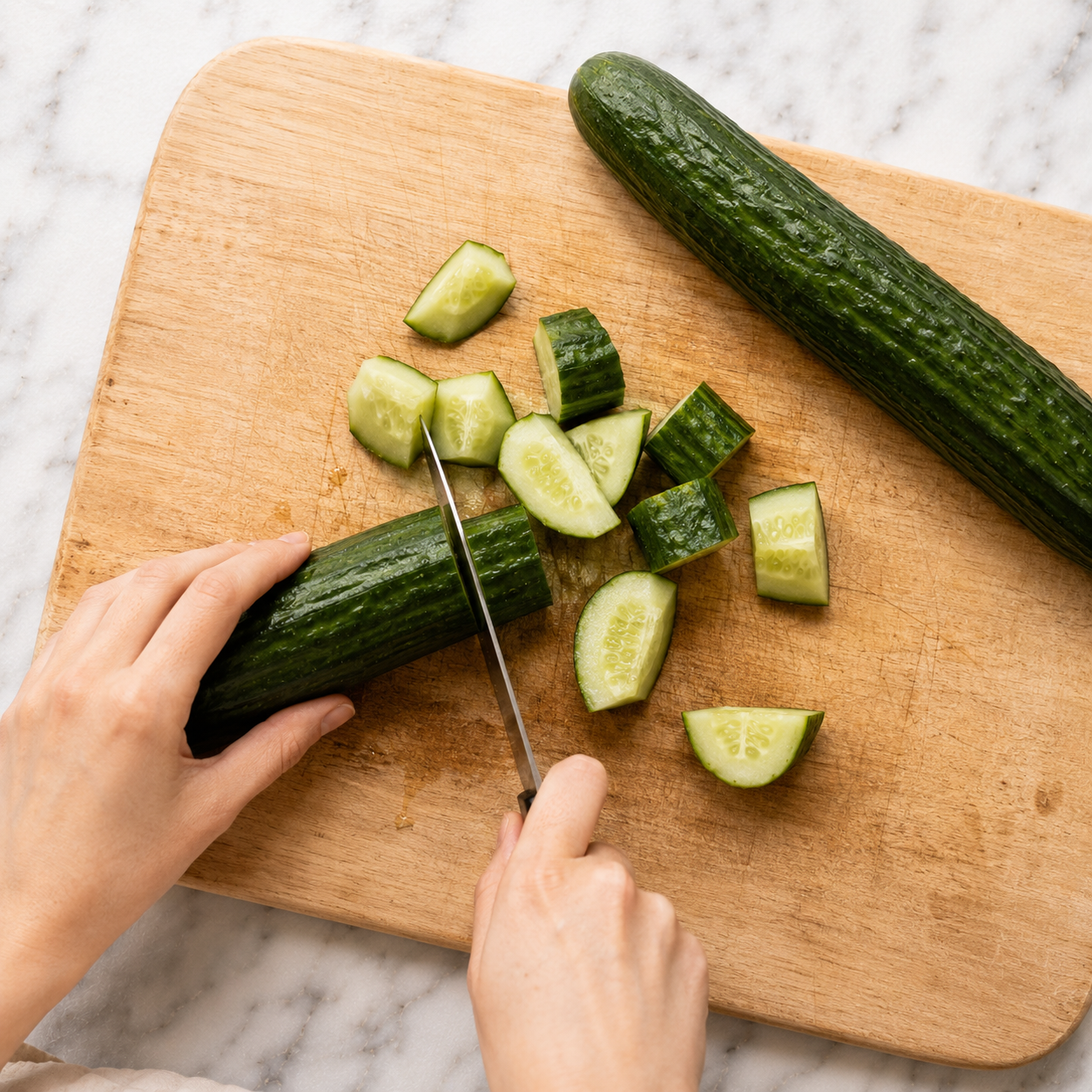 Cucumbers roughly chopped into chunks on a cutting board — skin on, ready for the blender