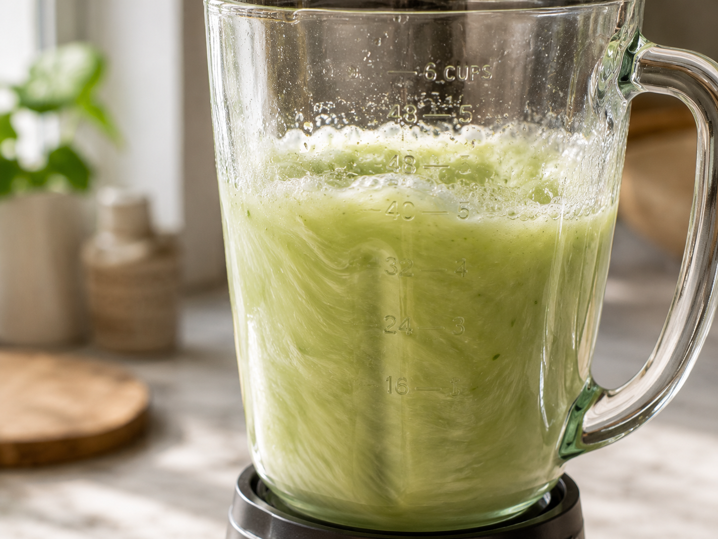 Cucumber, lime juice, honey and water blending together into a smooth pale green liquid