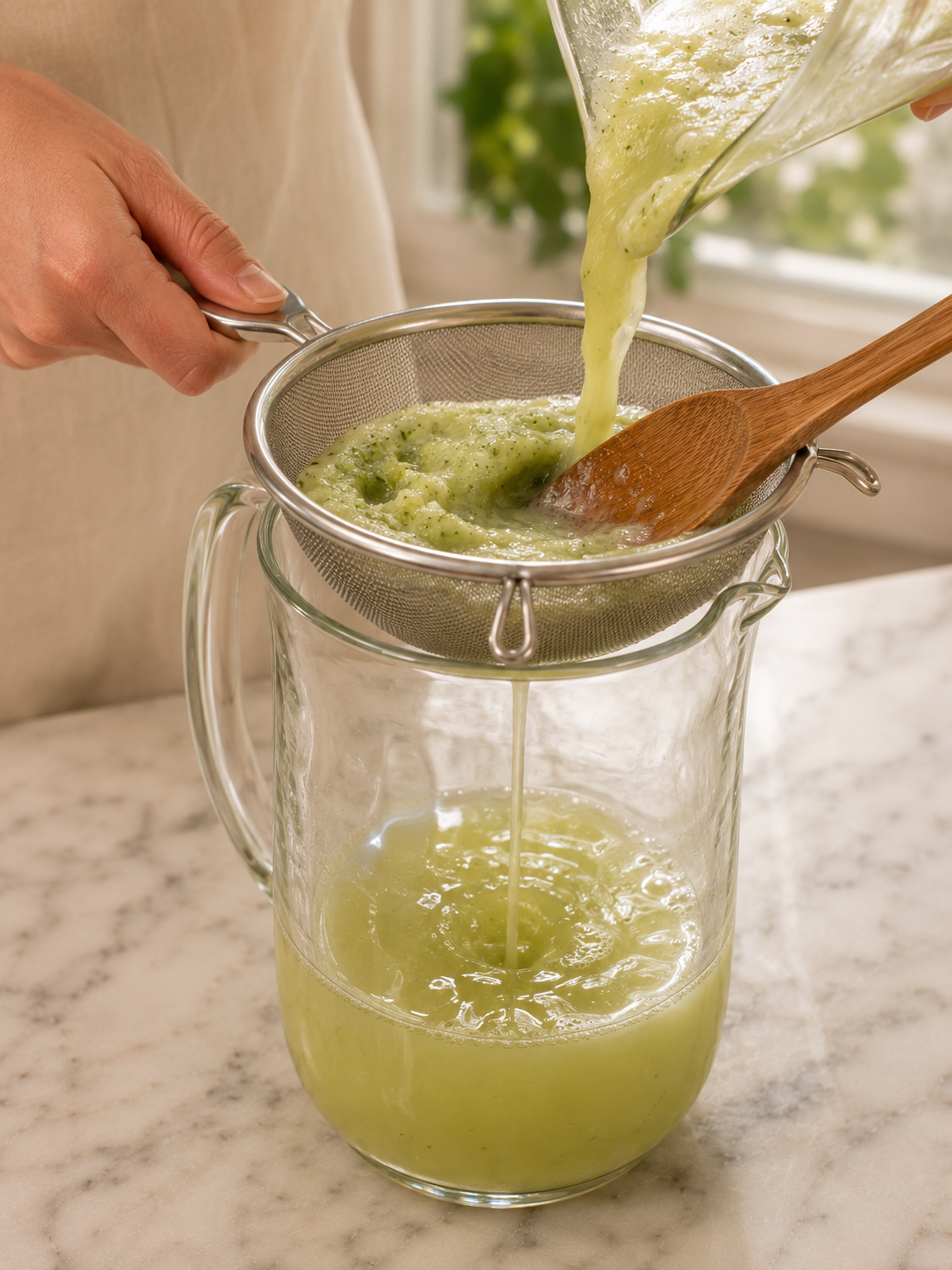 Pouring blended cucumber mixture through a fine mesh strainer into a glass pitcher