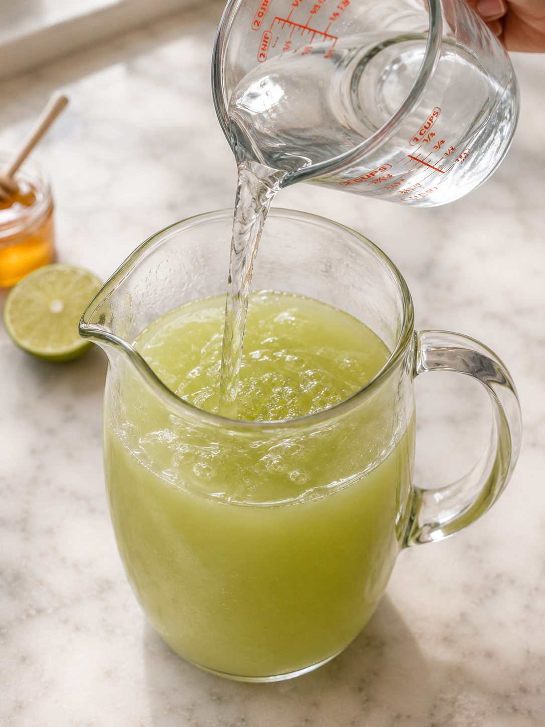 Stirring cold water into the strained cucumber-lime liquid in a large glass pitcher