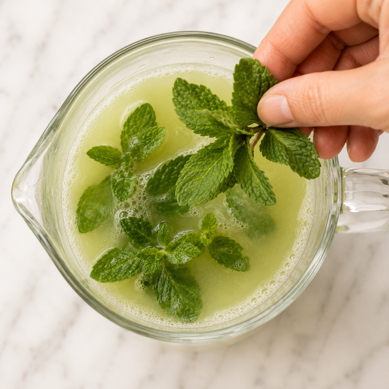 Adding a handful of fresh mint sprigs to the pitcher of cucumber-lime agua fresca to steep