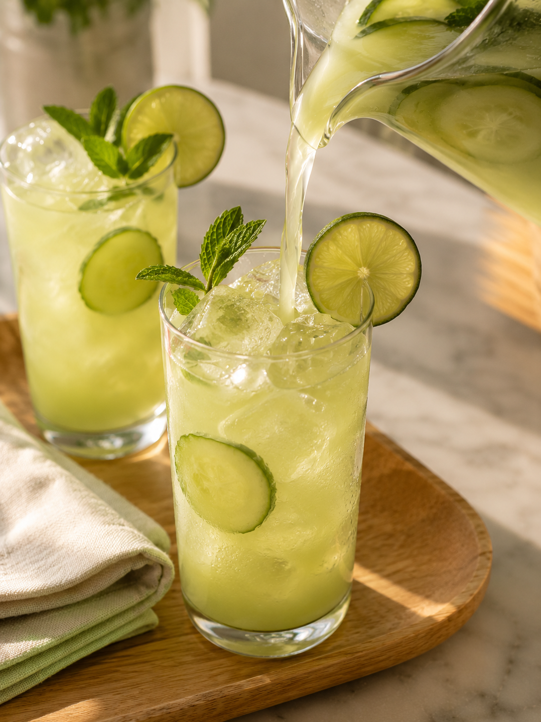Cucumber-lime agua fresca poured over ice in tall glasses garnished with cucumber slices and lime wheels