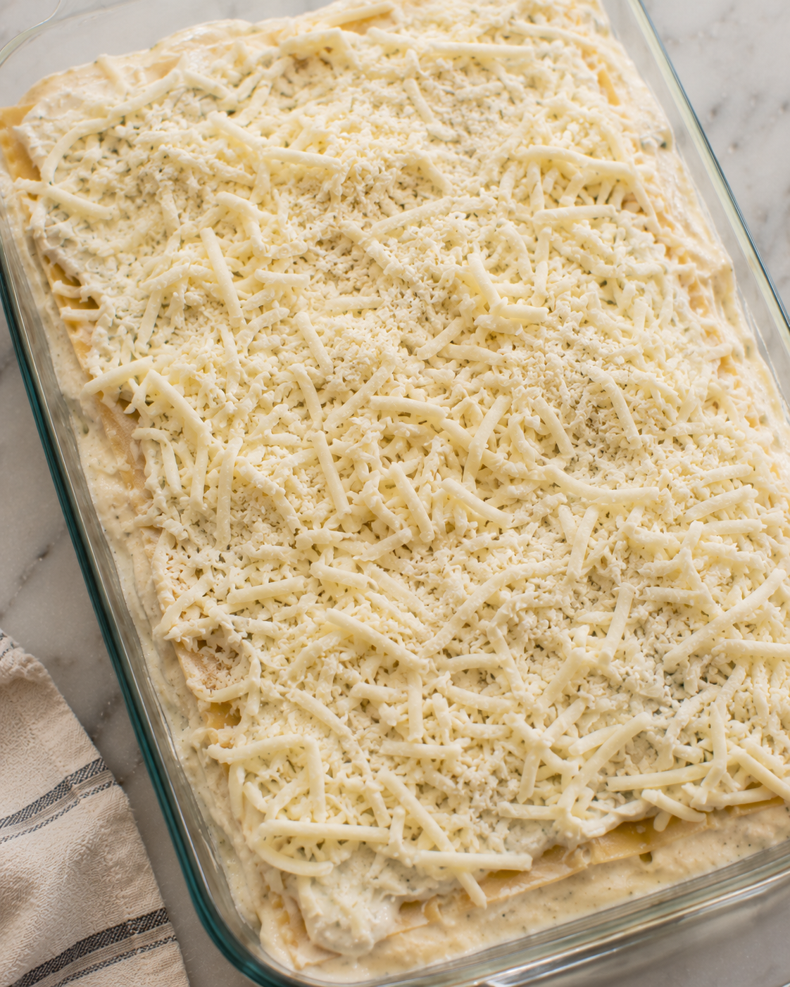 Unbaked chicken Alfredo lasagna topped with a generous layer of mozzarella and Parmesan — ready for the oven