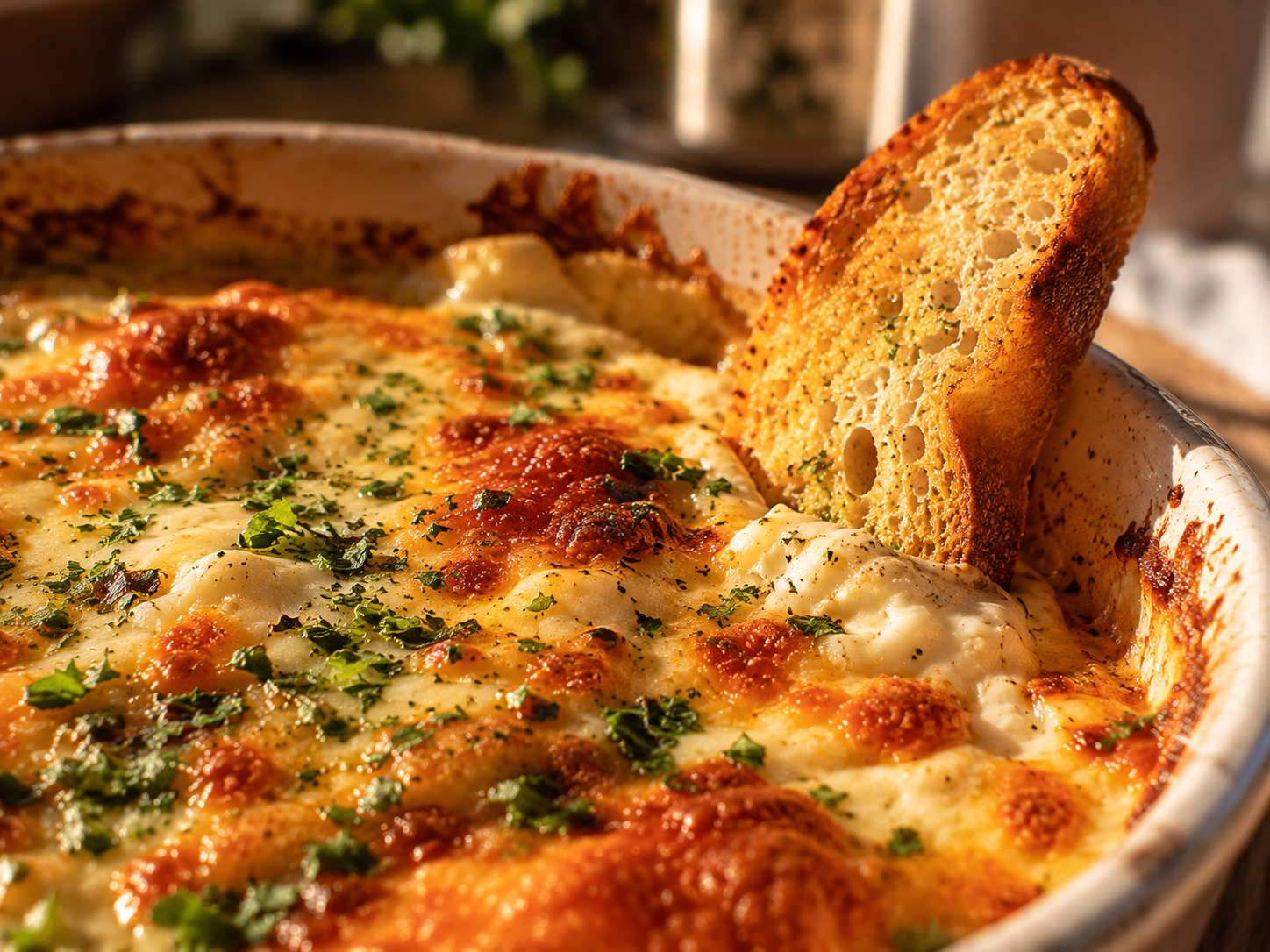 Cheesy garlic bread dip fresh from the oven — golden bubbly top with fresh parsley garnish