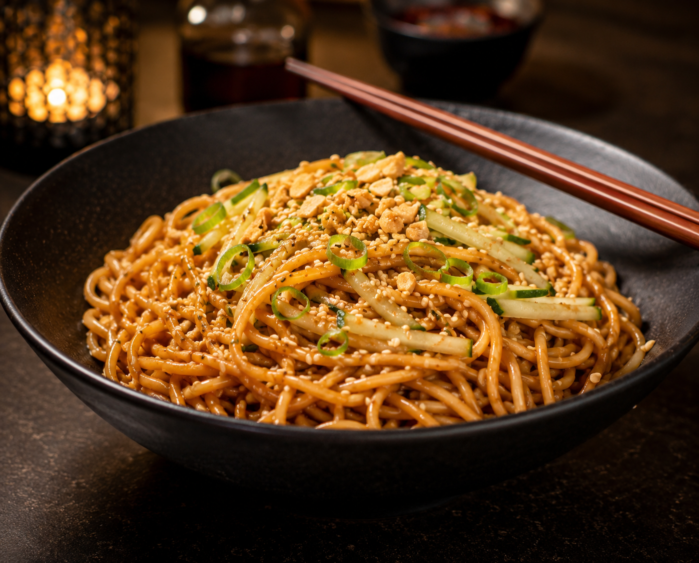 Sticky sesame ginger pasta in a bowl — glossy noodles topped with sesame seeds and green onions