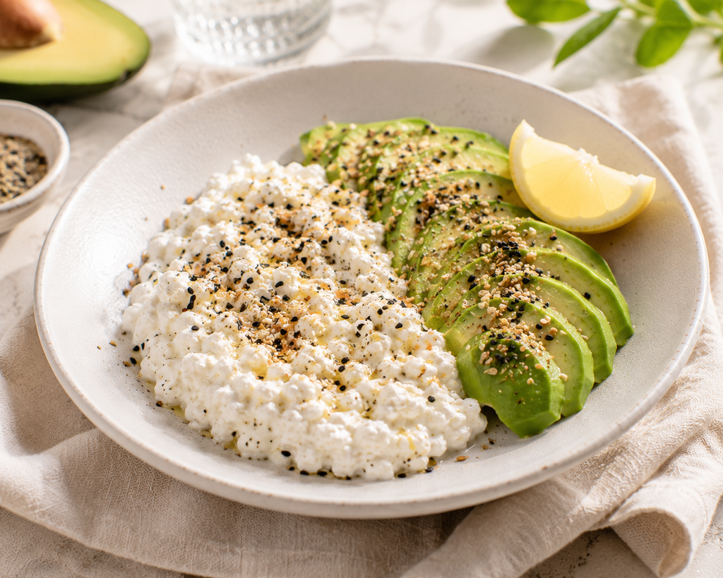 Cottage cheese breakfast bowl with avocado slices, everything bagel seasoning and lemon