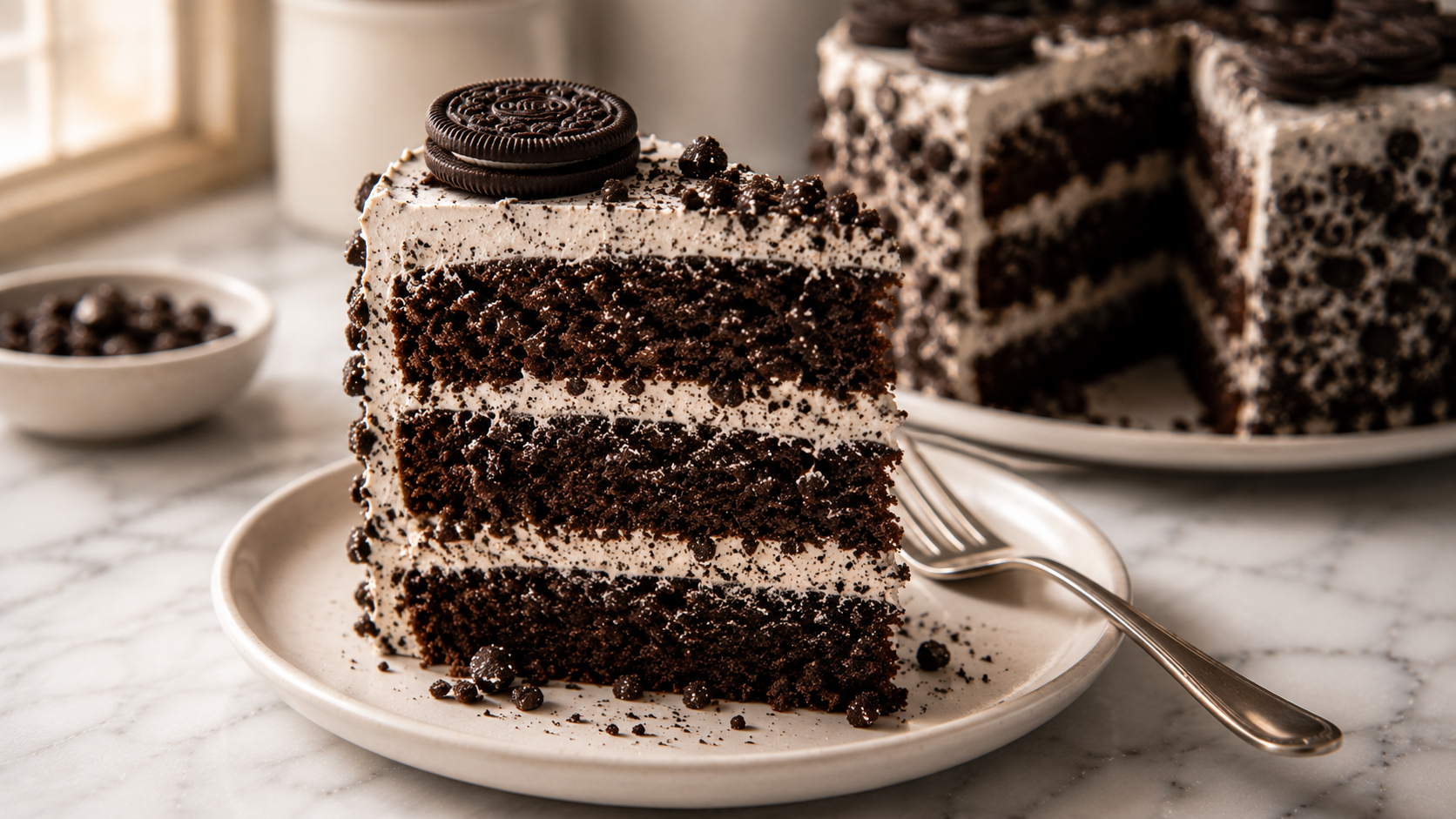 Sliced Oreo cake showing beautiful soft chocolate layers and thick cookies and cream frosting