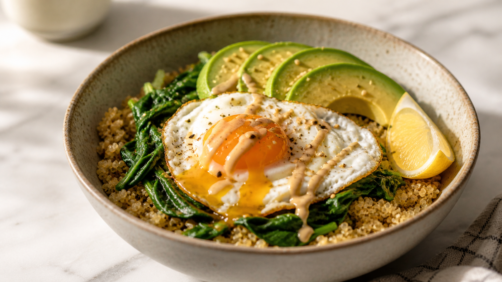 Savory breakfast bowl with warm quinoa, wilted spinach, a runny fried egg, sliced avocado and a tahini drizzle