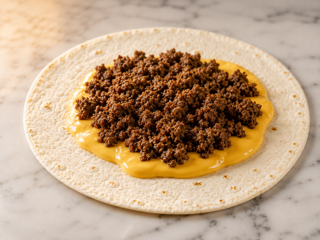 Nacho cheese spread in the center of a large flour tortilla with seasoned beef layered on top
