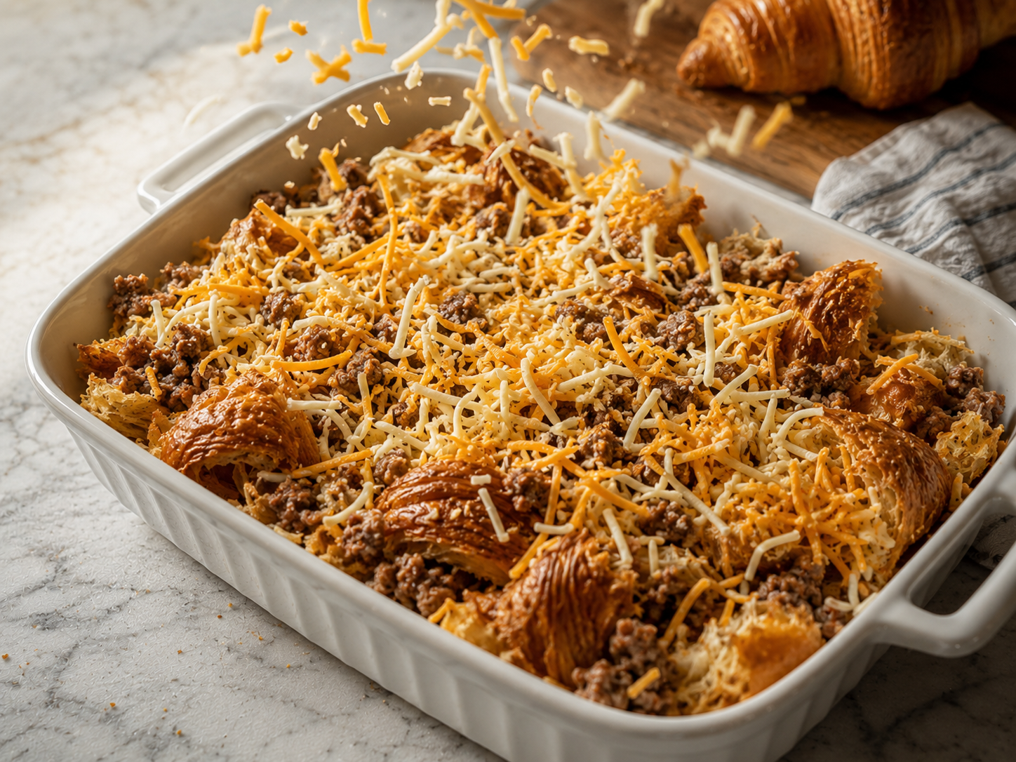 Cooked sausage and shredded cheese scattered over the croissant base