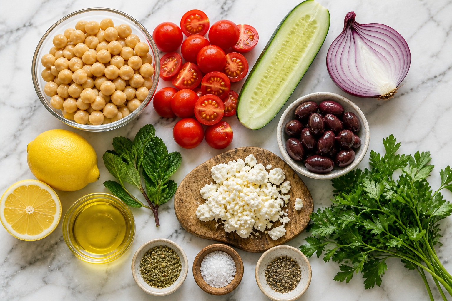 All Mediterranean chickpea salad ingredients laid out: chickpeas, cherry tomatoes, cucumber, red onion, olives, feta, parsley and dressing ingredients