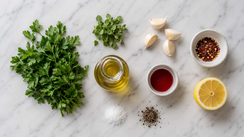 All chimichurri ingredients laid out — fresh parsley, oregano, garlic, red wine vinegar, olive oil and red pepper flakes