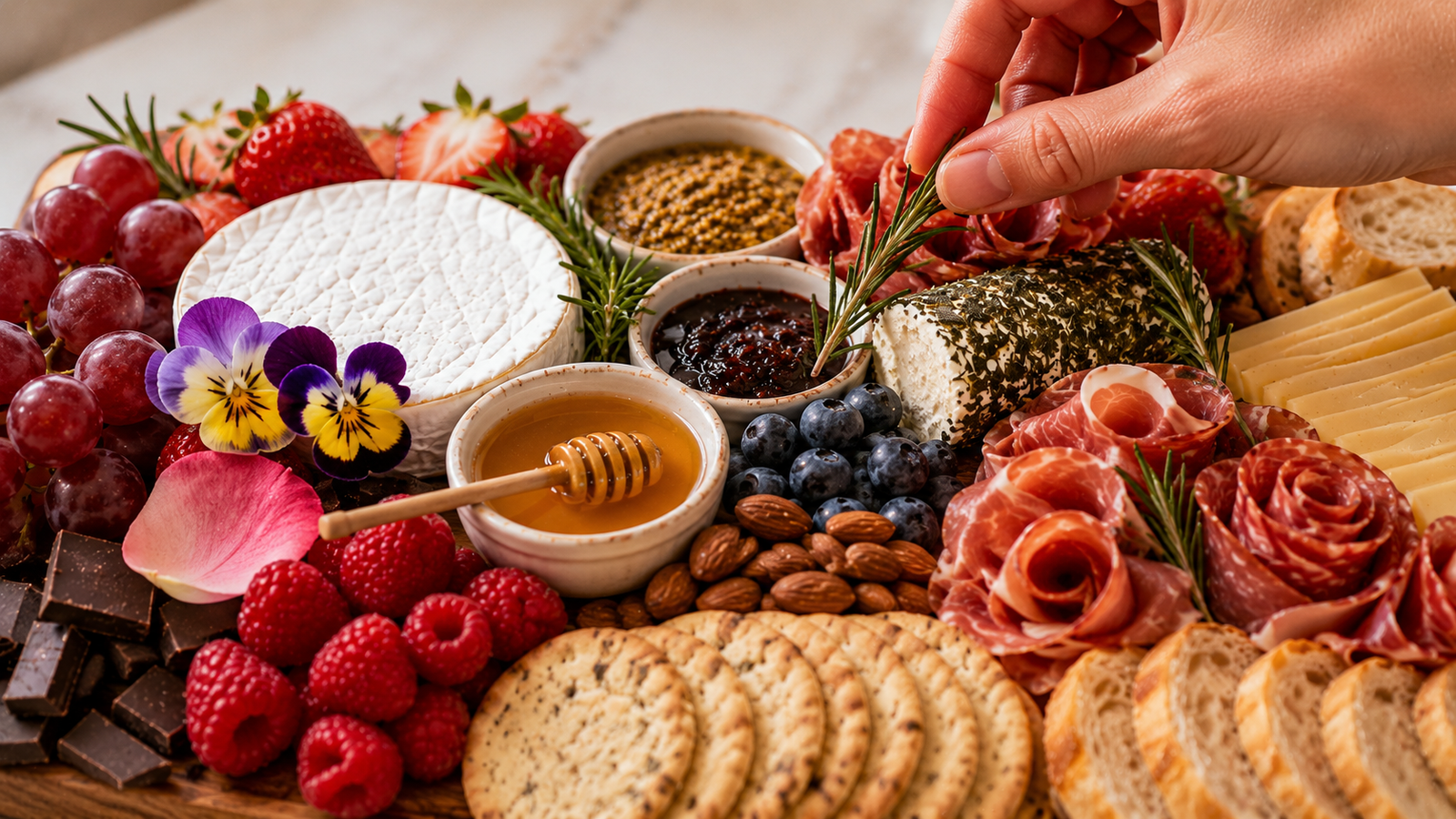 Fresh rosemary sprigs and edible flowers tucked across the finished board — the final styling touch that makes it look stunning