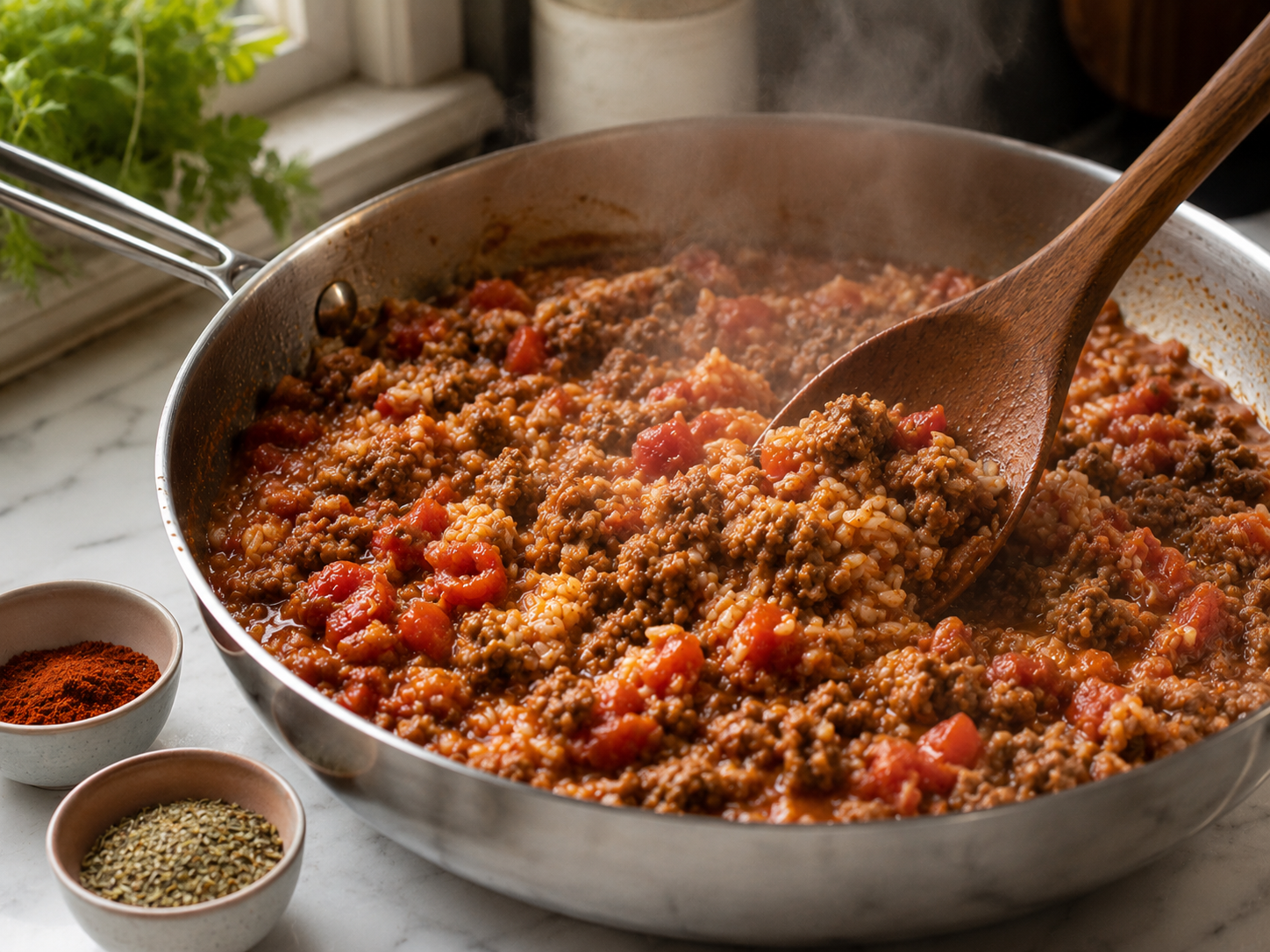 Filling simmering in the skillet with tomatoes, spices and rice all folded together