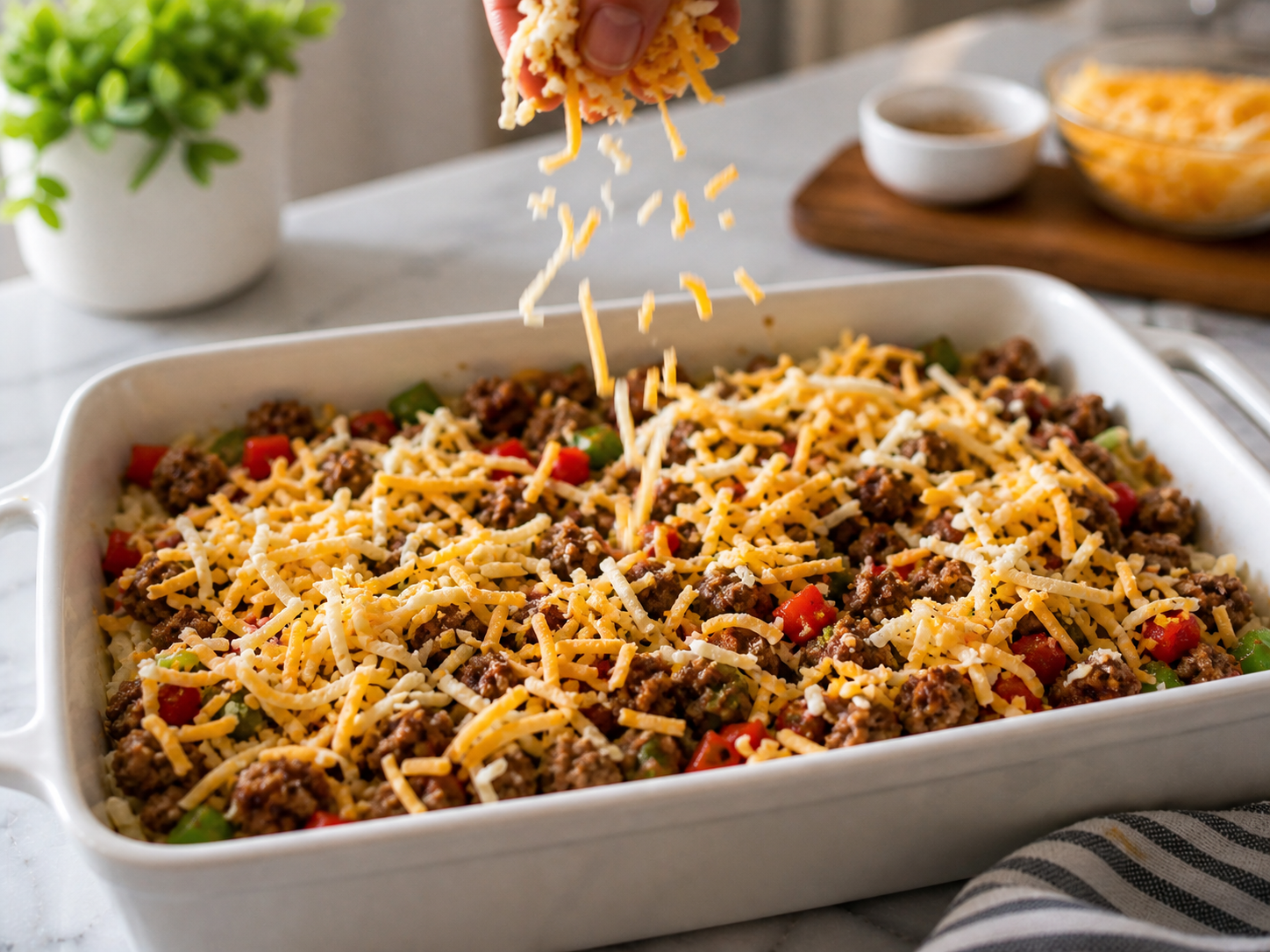 Shredded cheddar and mozzarella generously layered over the sausage — with reserved cheddar set aside for the top