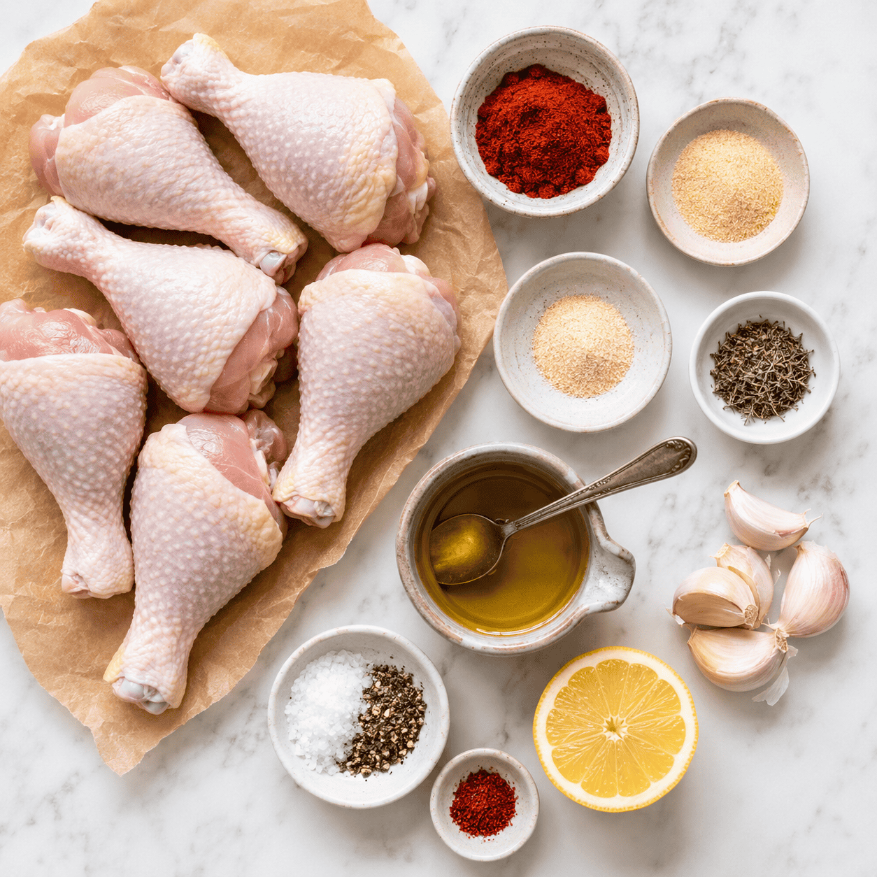 All baked chicken legs ingredients laid out — drumsticks, olive oil, smoked paprika and spices overhead