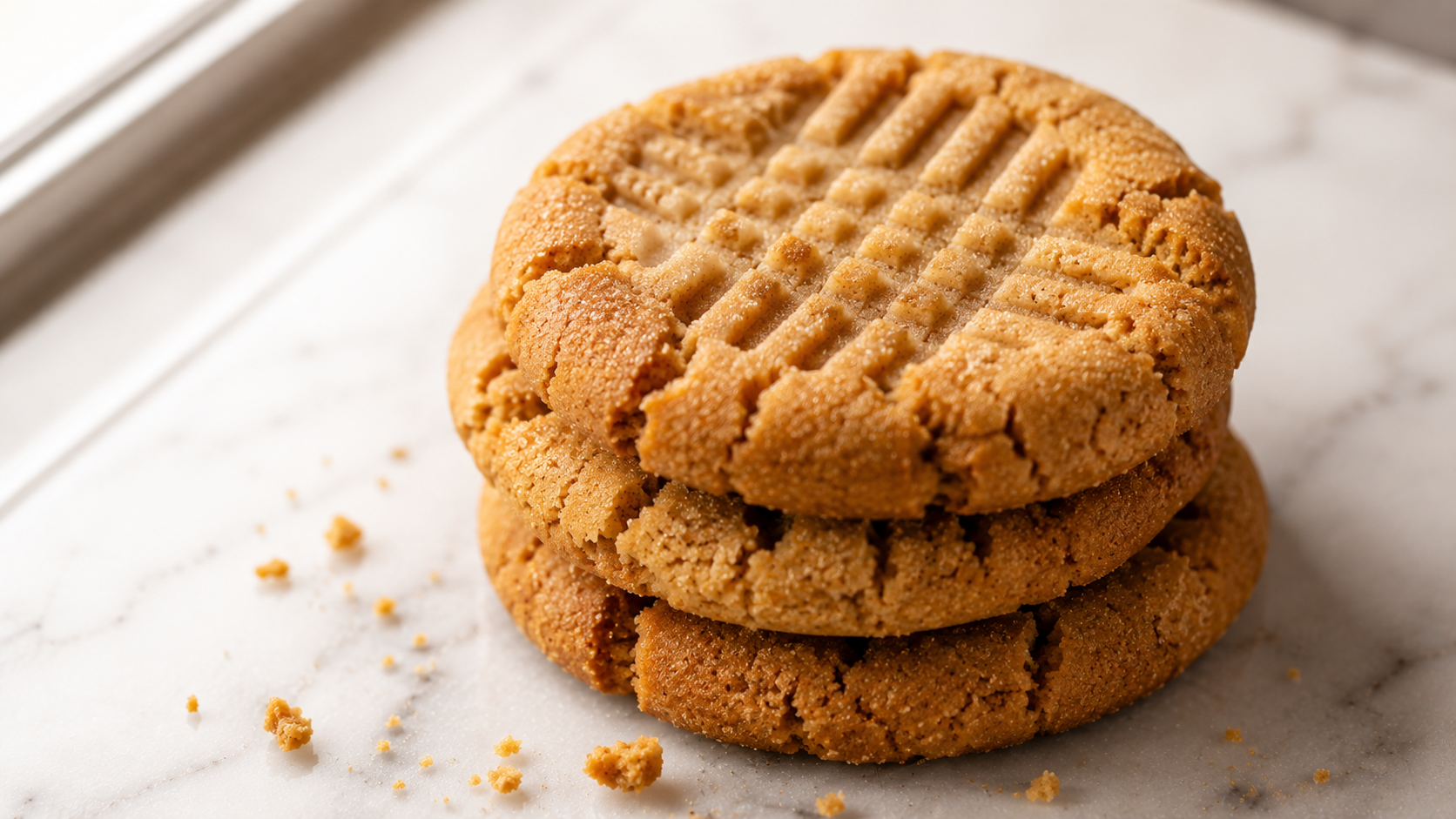 Flourless peanut butter cookies on a wire rack — soft, chewy and golden with a classic crosshatch fork pattern