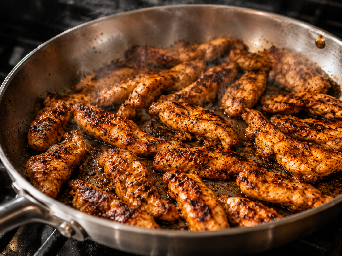 Marinated chicken strips searing in a single layer in the hot cast iron pan — golden and caramelized