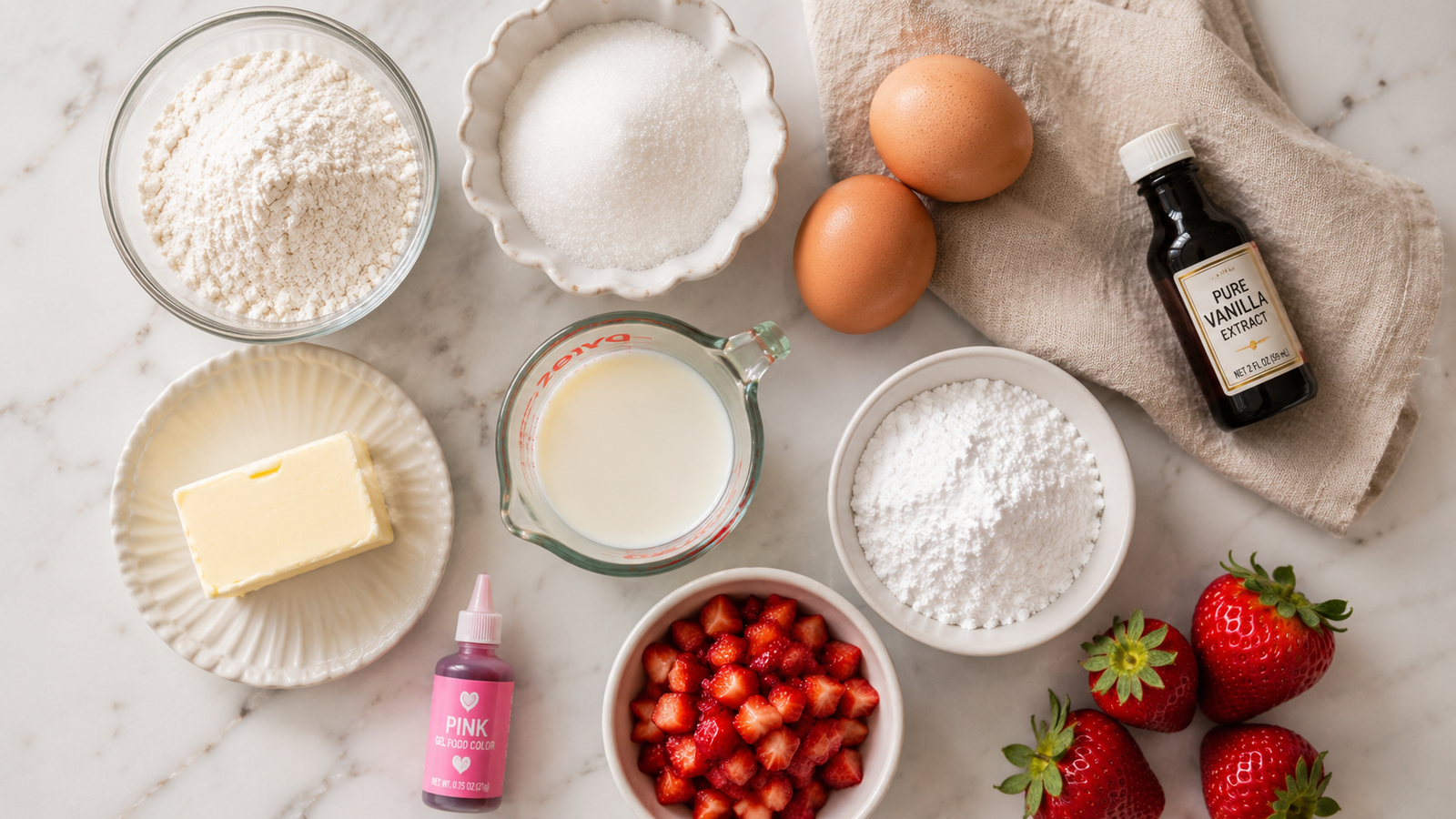 All strawberry bento cake ingredients laid out: flour, butter, eggs, sugar, heavy cream, strawberries, powdered sugar and food coloring