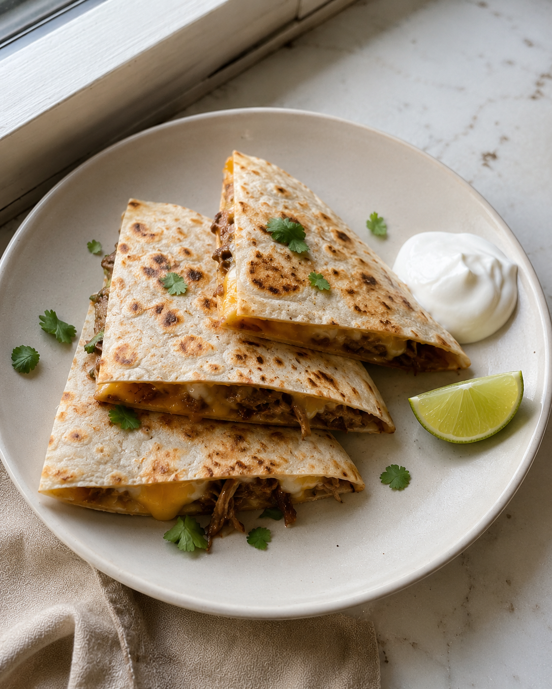 Crispy beef quesadilla sliced into triangles — golden tortilla, melted cheese and seasoned beef filling