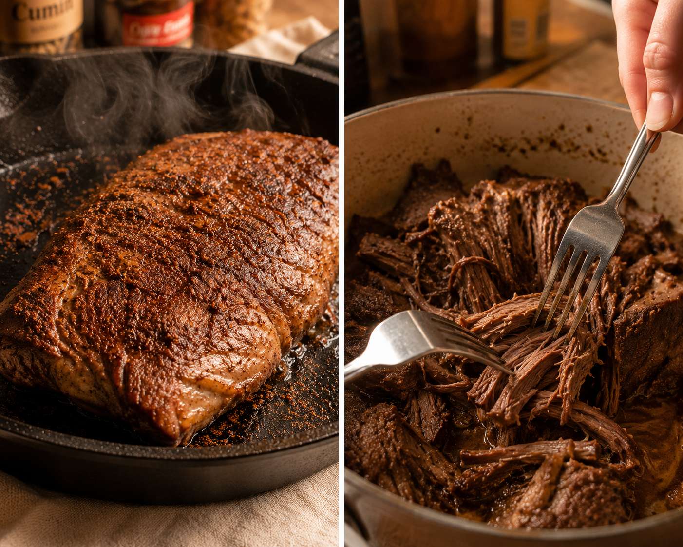 Beef chuck searing in a cast iron skillet — golden brown crust developing on both sides