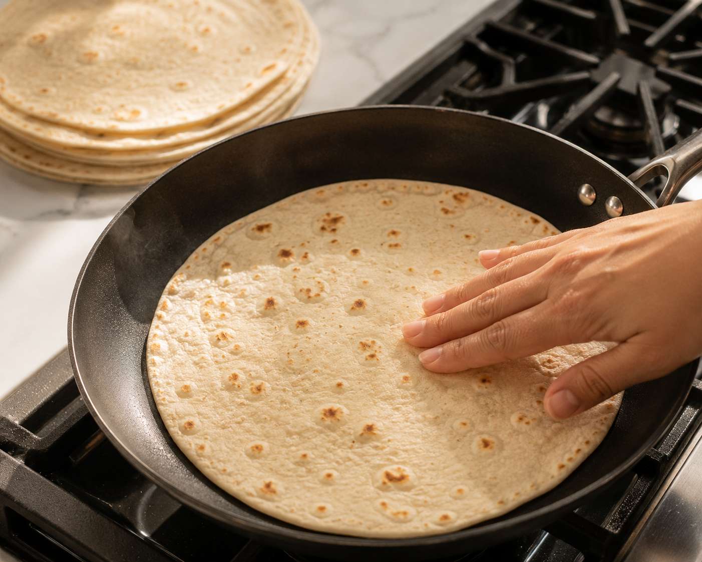 Flour tortilla warming in a dry skillet — soft, pliable and ready to fill