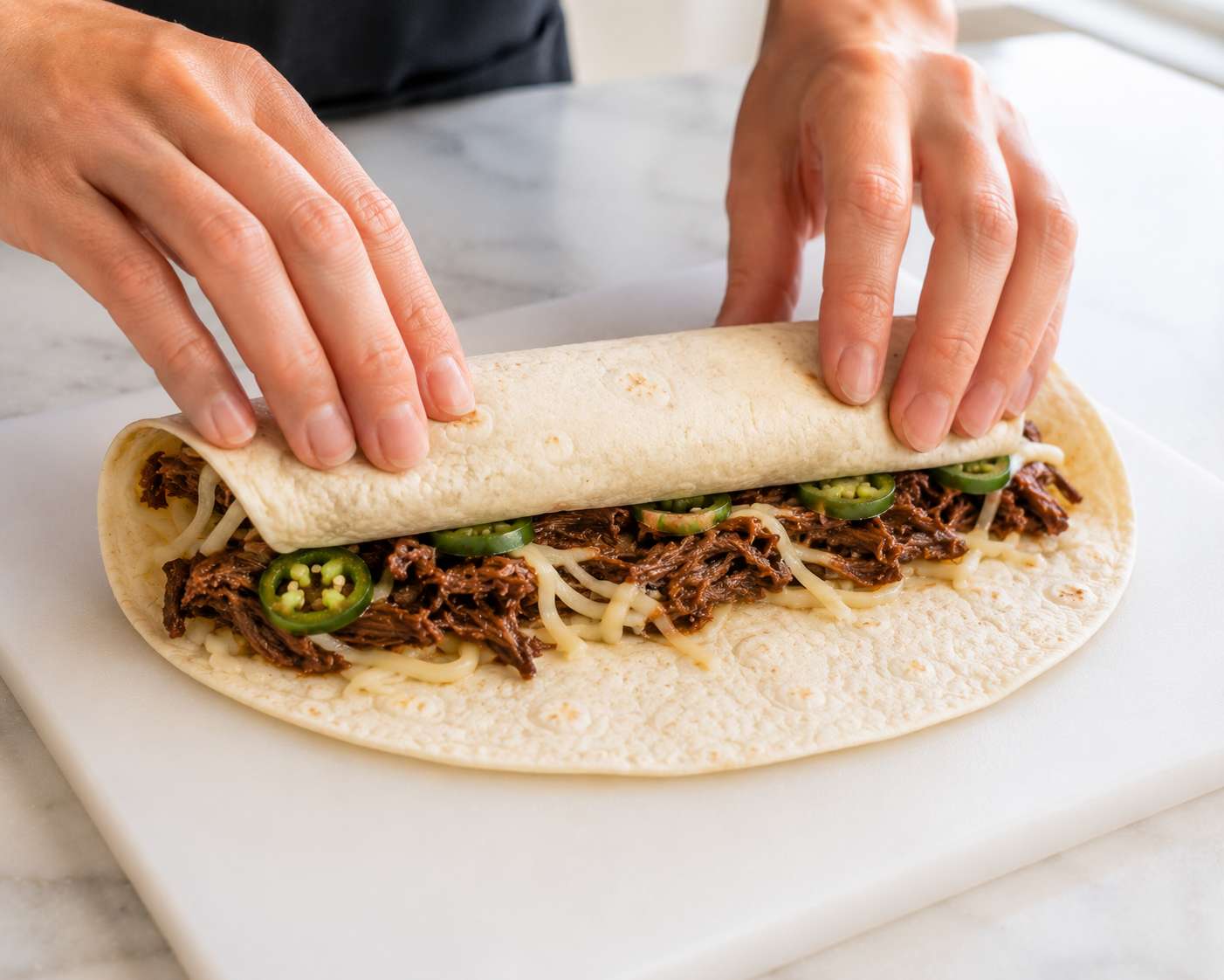 Tortilla being rolled tightly around the cheesy beef filling — sides tucked in securely